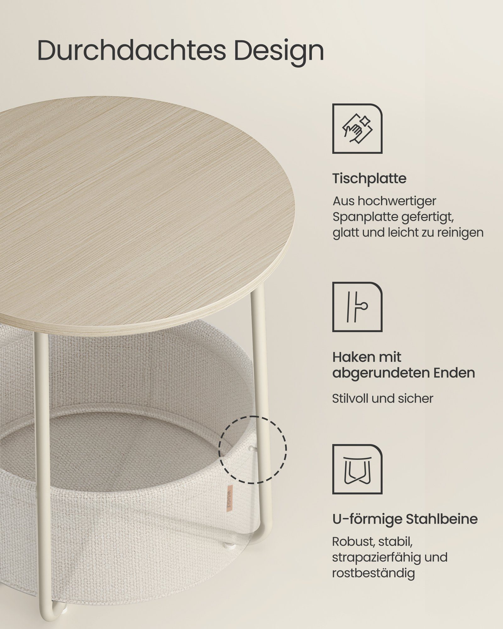 VASAGLE Beistelltisch kleiner Tisch Stauraum für Wohnzimmer, rund, klein, Couchtisch, Wohnzimmertisch, Korb – Bild 5 von 5
