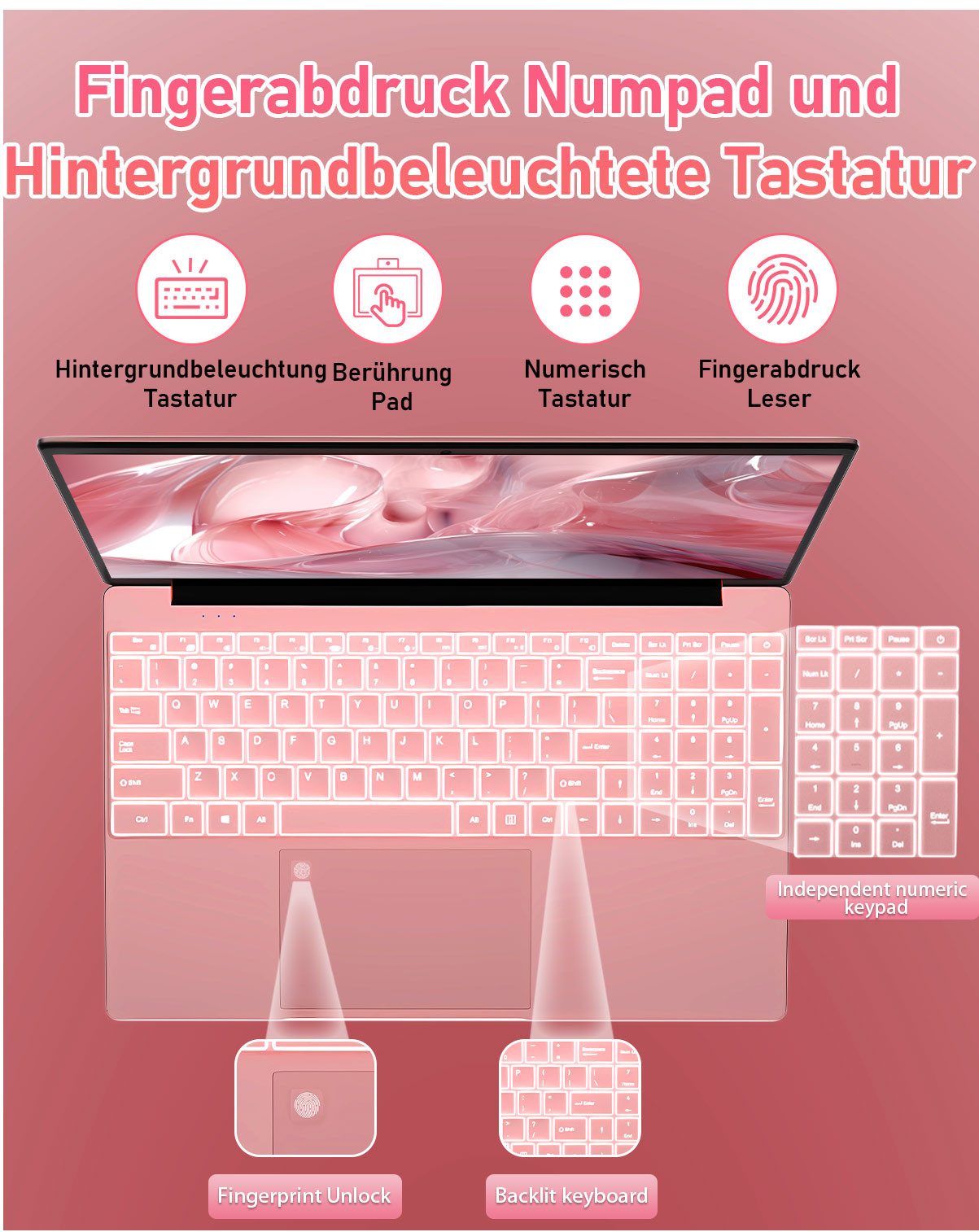 Molegar 15,6-Zoll Laptop für Studenten, Hintergrundbeleuchtete Tastatur Notebook (39,6 cm/15.6 Zoll, Intel Celeron 5205U, Intel® UHD Graphics, 8 GB, 256 GB SSD, Fingerabdruckleser, 180° Scharnier, 6000mAh lange Akkulaufzeit) rosa