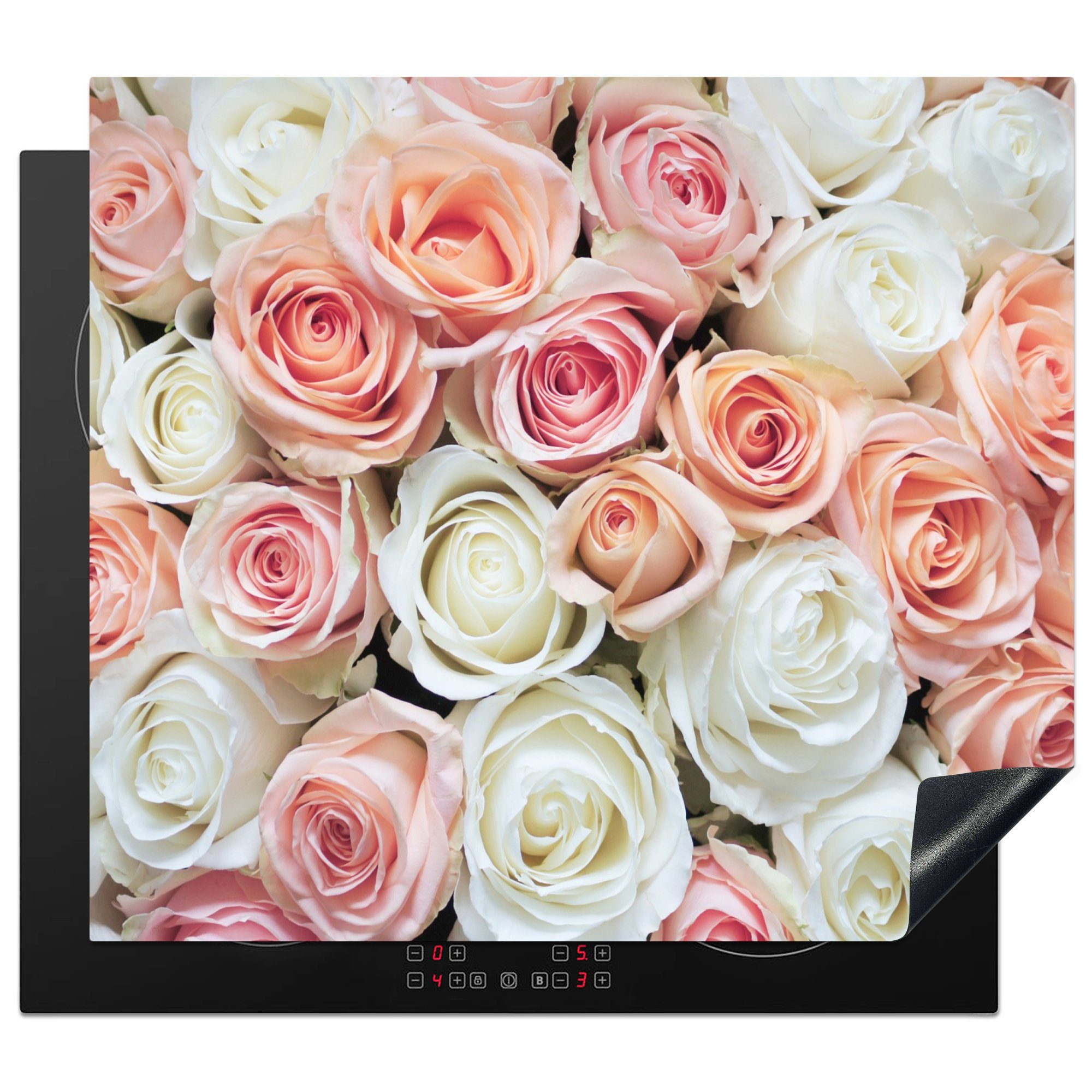 MuchoWow Herdblende-/Abdeckplatte Rosen - Blumen - Weiß - Rosa, Vinyl, (1 tlg), 57x51 cm, Induktionsschutz, Induktionskochfeld, Ceranfeldabdeckung