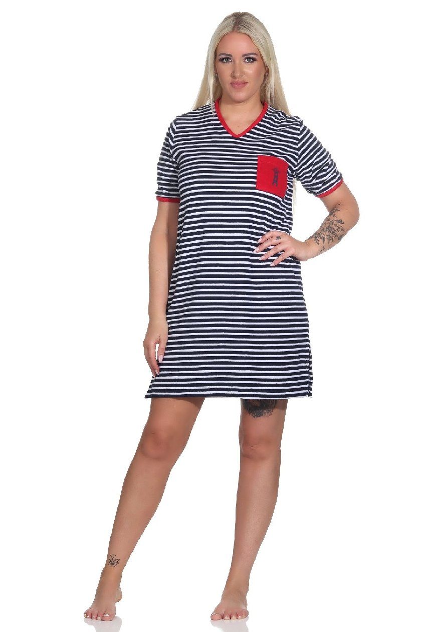 Normann Nachthemd Damen Frottee Kurzarm Nachthemd Strandkleid in maritimer Optik marine