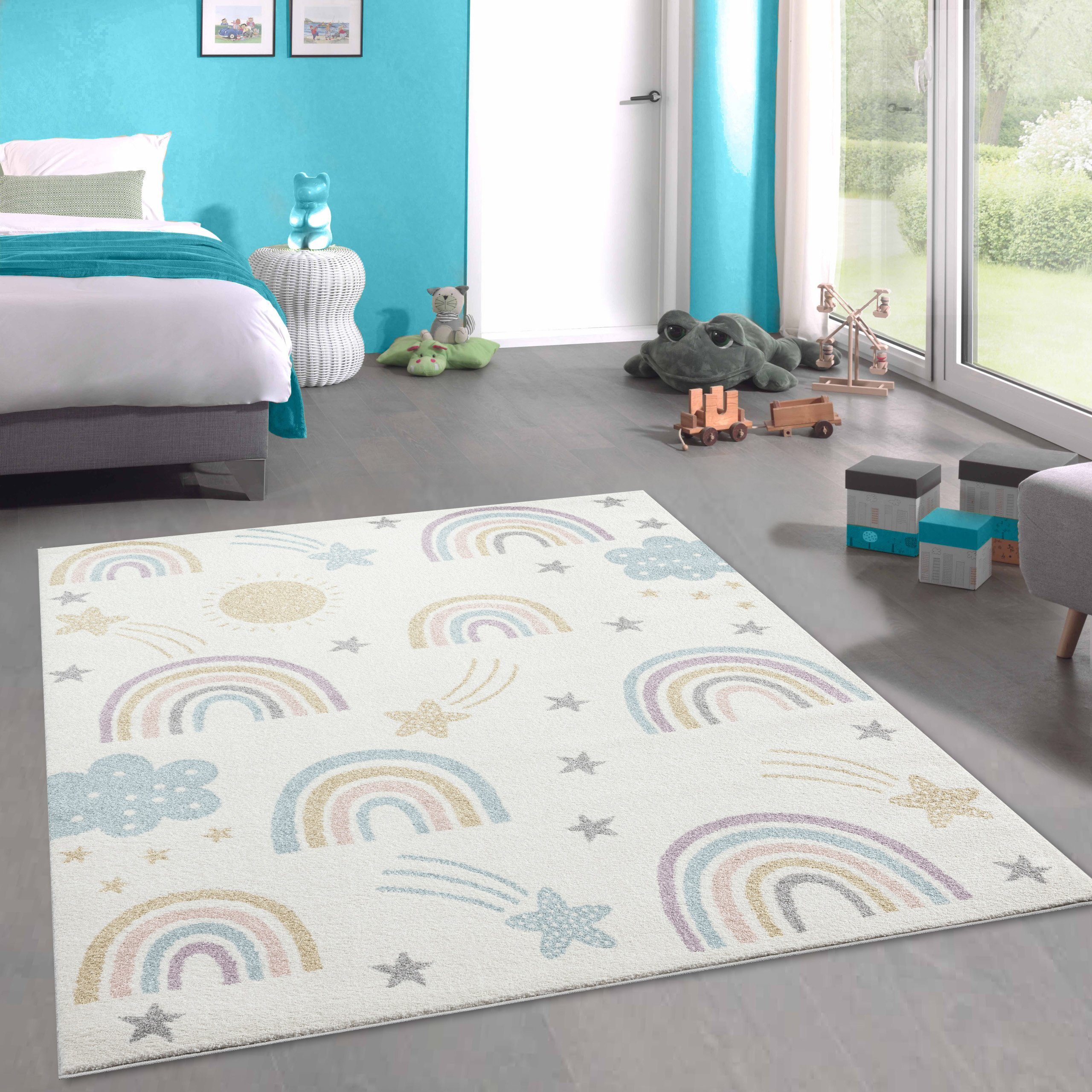 Carpetia Teppich Kurzflor Teppich Kinder creme-mix pastell Regenbogen Stern günstig online kaufen