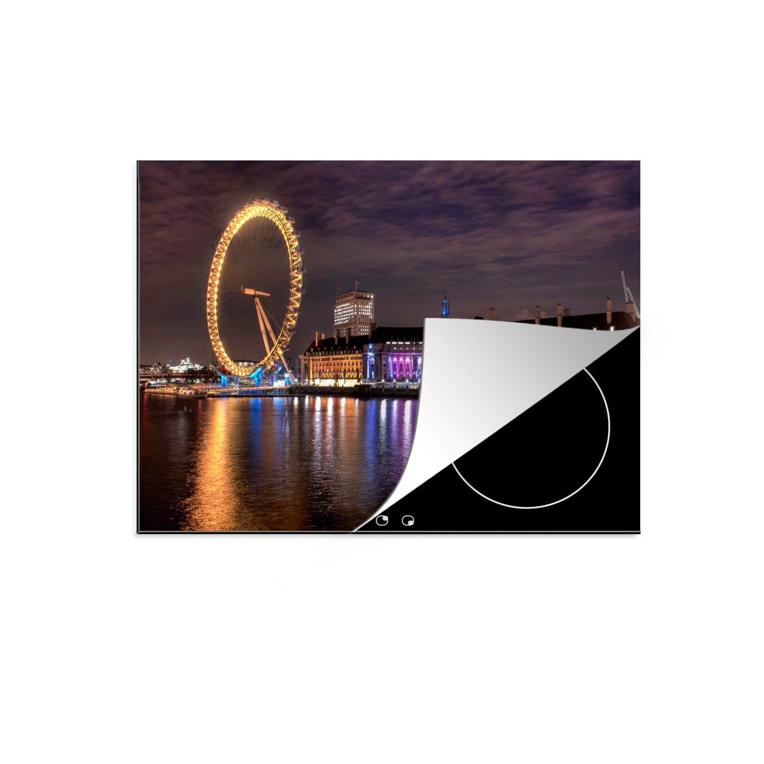 MuchoWow Herdblende-/Abdeckplatte Beleuchtung der Gebäude und des London Eye in London, Vinyl, (1 tlg), 71x52 cm, Induktionskochfeld Schutz für die küche, Ceranfeldabdeckung