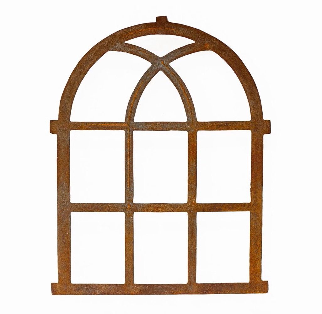 Linoows Dekoobjekt Eisenfenster, Stallfenster, Großes Scheunenfenster, Gusseisen Fenster mit gotischem Rundbogen