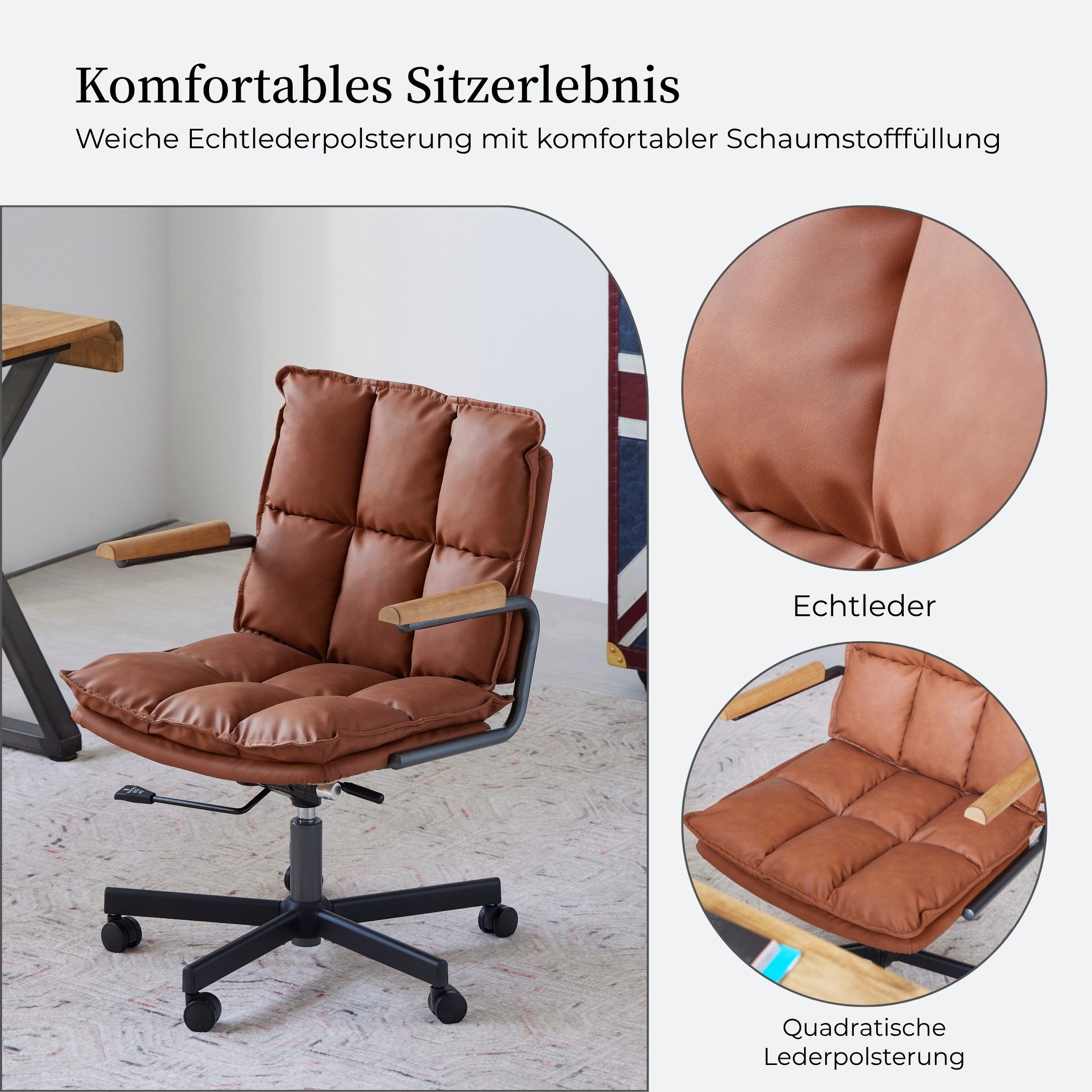 SeedWave Bürostuhl Höhenverstellbarer Drehstuhl mit Eichenholz-Armlehnen, 136kg belastbar, Industrial Design, Echtleder Schreibtischstuhl mit Wippfunktion