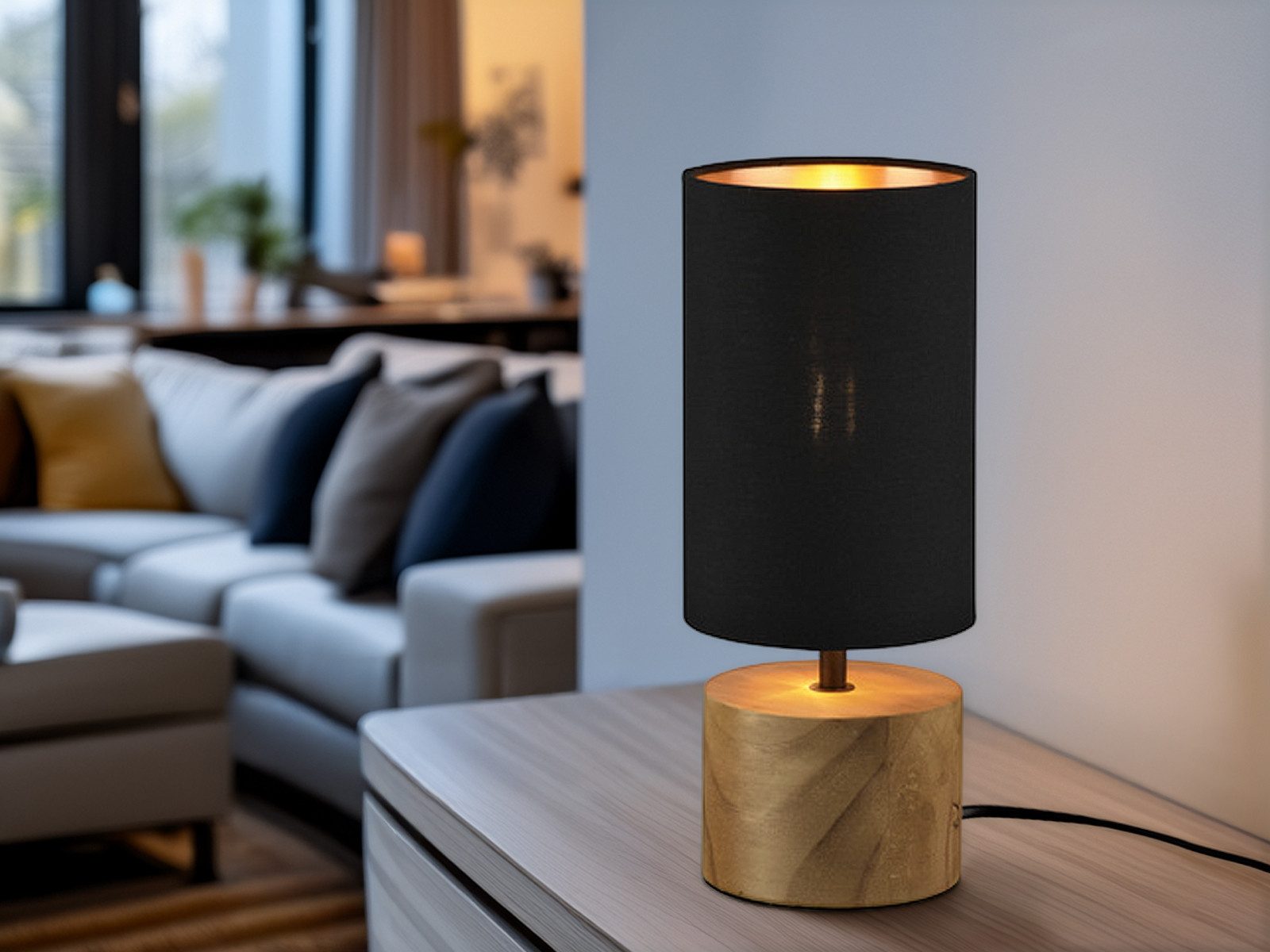 Reality Leuchten LED Nachttischlampe, Dimmfunktion, LED wechselbar, Warmweiß, mit Holz-Fuß und Stoffschirm für Fensterbank & Nachtschrank Höhe 30cm