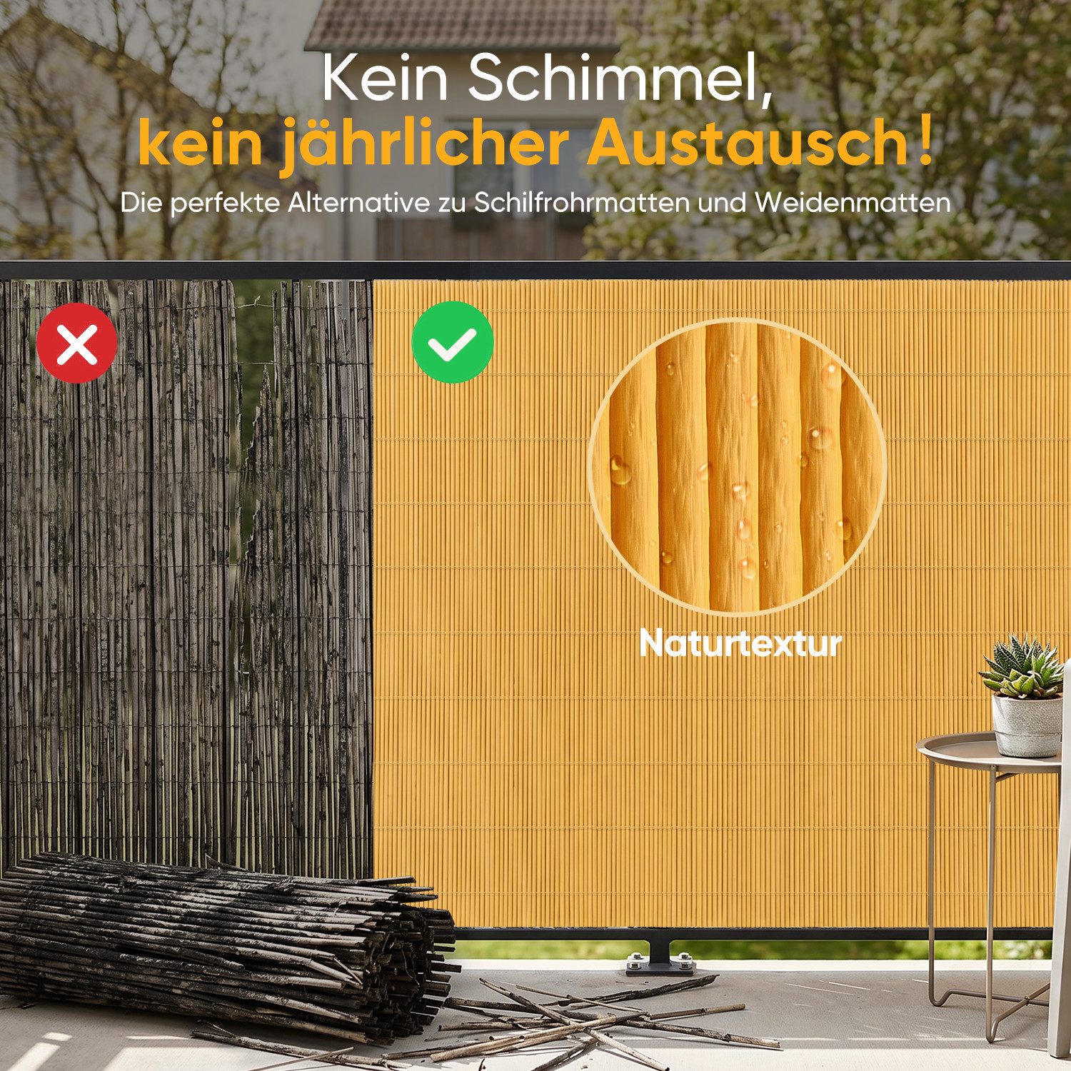 Sekey Balkonsichtschutz Sichtschutzmatte in Natur-Optik, wetterfest für Balkon, Garten & Zaun UV-beständig und wetterfest für Balkon, Garten & Terrasse