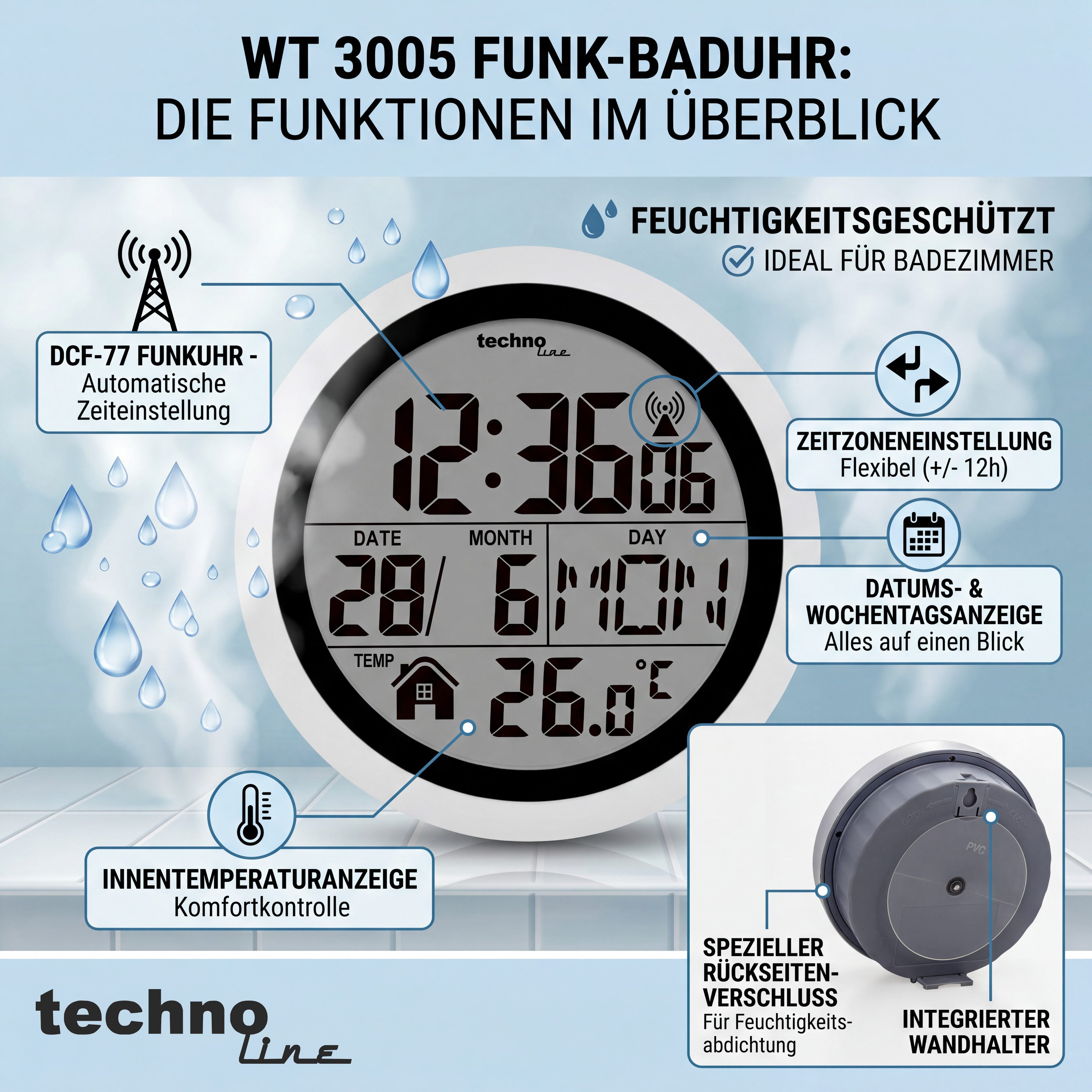 technoline Badezimmeruhr WT 3005 (mit Saugnäpfen zur einfachen Montage)
