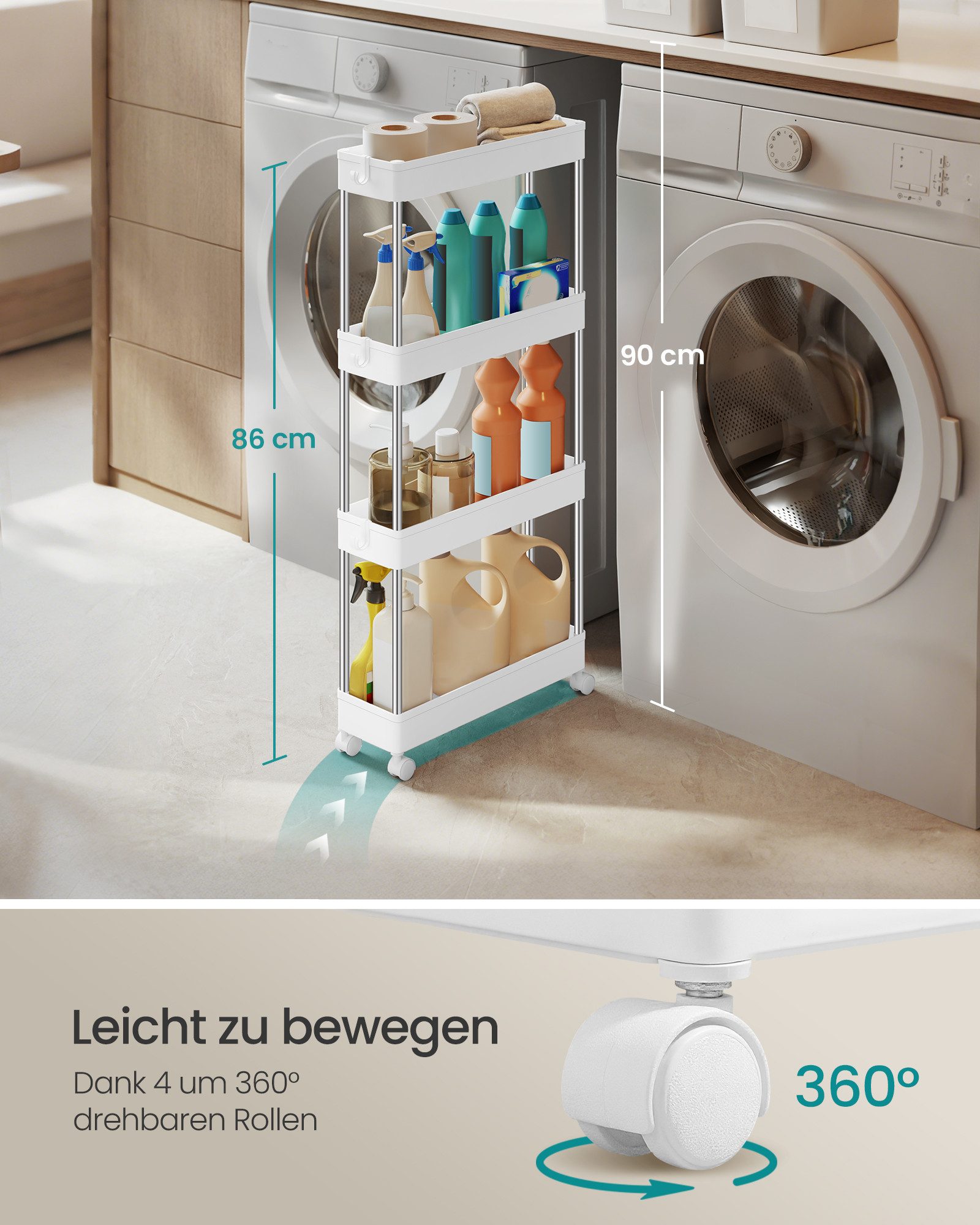 SONGMICS Beistellwagen Rollwagen, Küchenwagen, Küchenregal, Nischenregal, Bad, Küche, Büro, mit 6 Haken, 360° drehbare Räder, Stahlgestell, 3 Ebenen, wolkenweiß – Bild 5 von 5