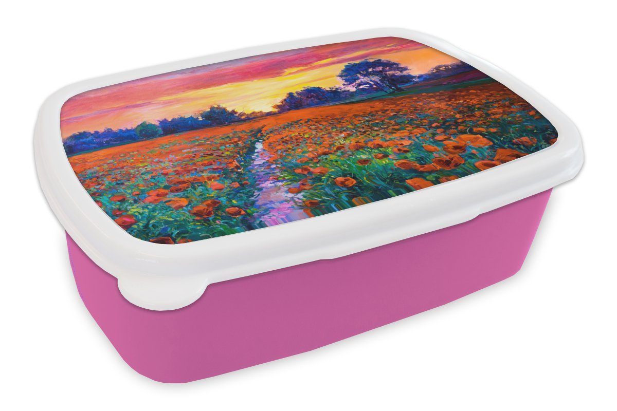 MuchoWow Lunchbox Malerei - Natur - Blumen - Ölfarbe, Kunststoff, (2-tlg), Brotbox für Erwachsene, Brotdose Kinder, Snackbox, Mädchen, Kunststoff rosa