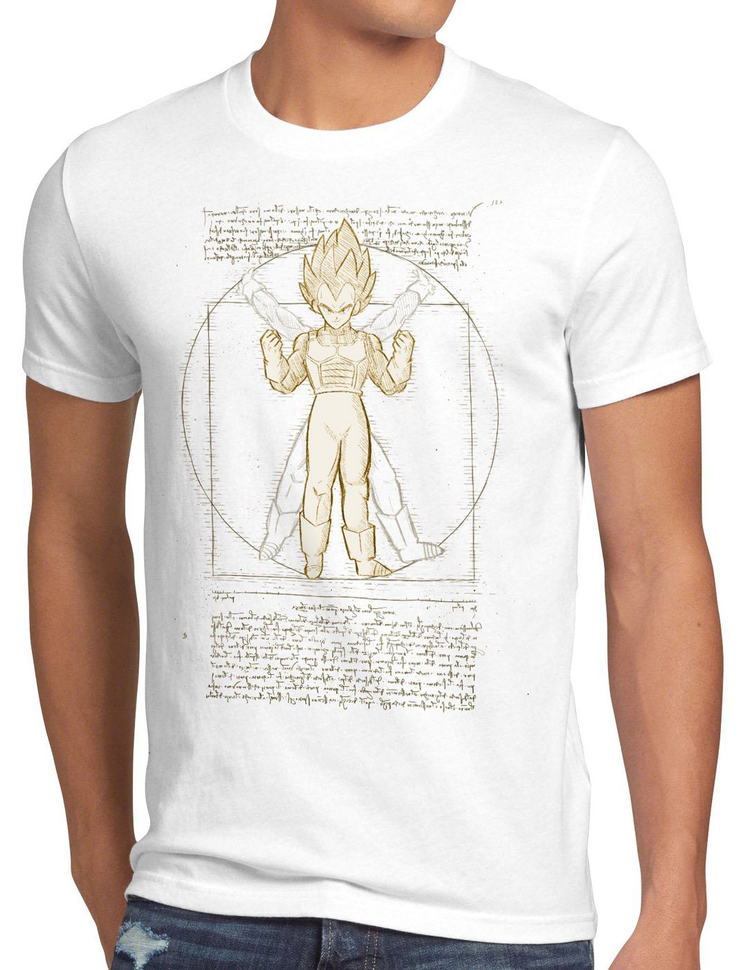 T-Shirt dragon ball da Print-Shirt Herren z weiß Vitruvianischer style3 songoku vinci roshi Vegeta