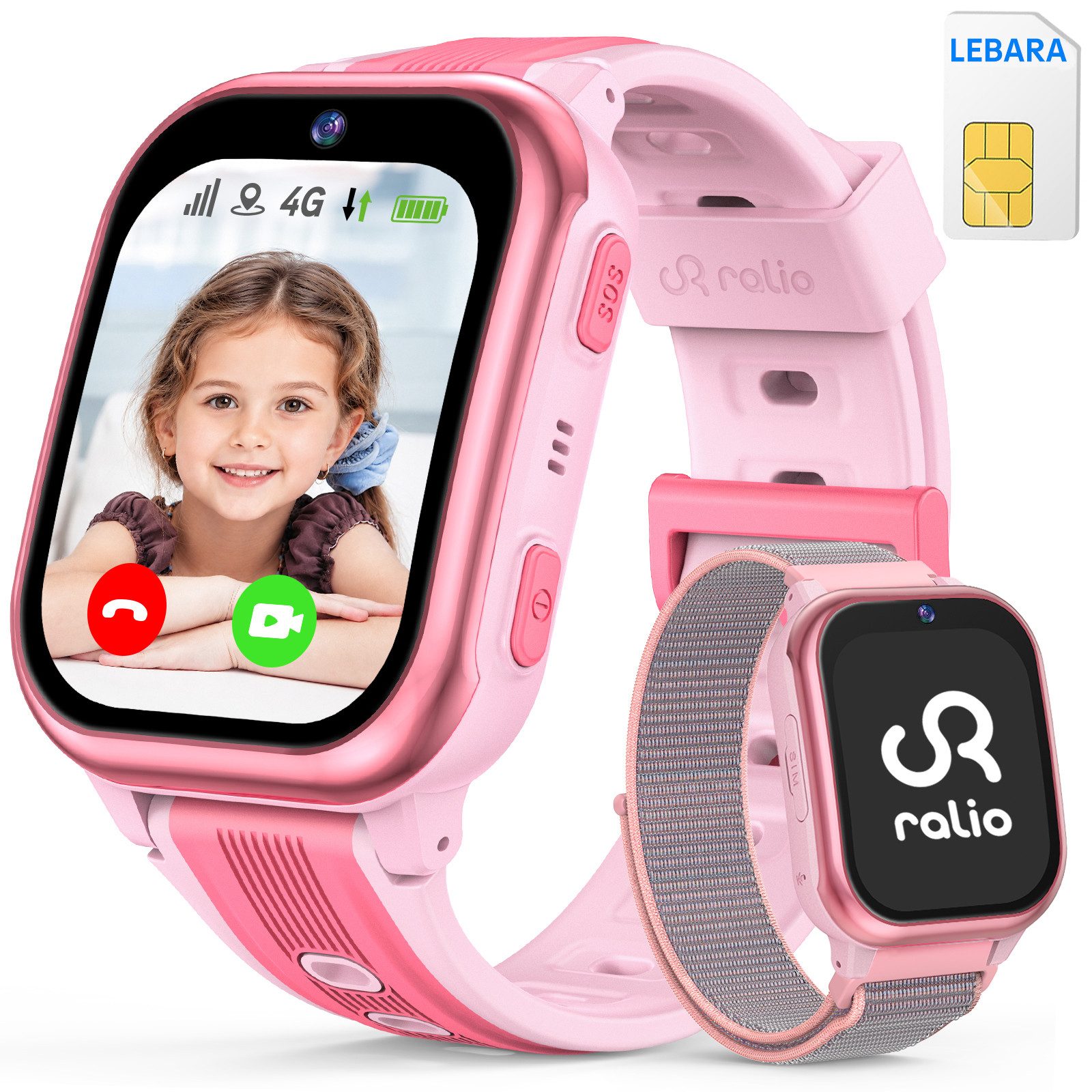 Ralio R5 Plus 4G Smartwatch Kinder, Ralio x Lebara Kinderuhr inkl. SIM-Karte Smartwatch (gebogenes Ultra-HD-Display cm/1.7 Zoll) 3 Tage Akkulaufzeit, GPS-Ortung, Kinderuhr mit HD-Videoanrufen, Schulmodus, SOS, Familien-Gruppenchat und mehr, Zwei Armbänder