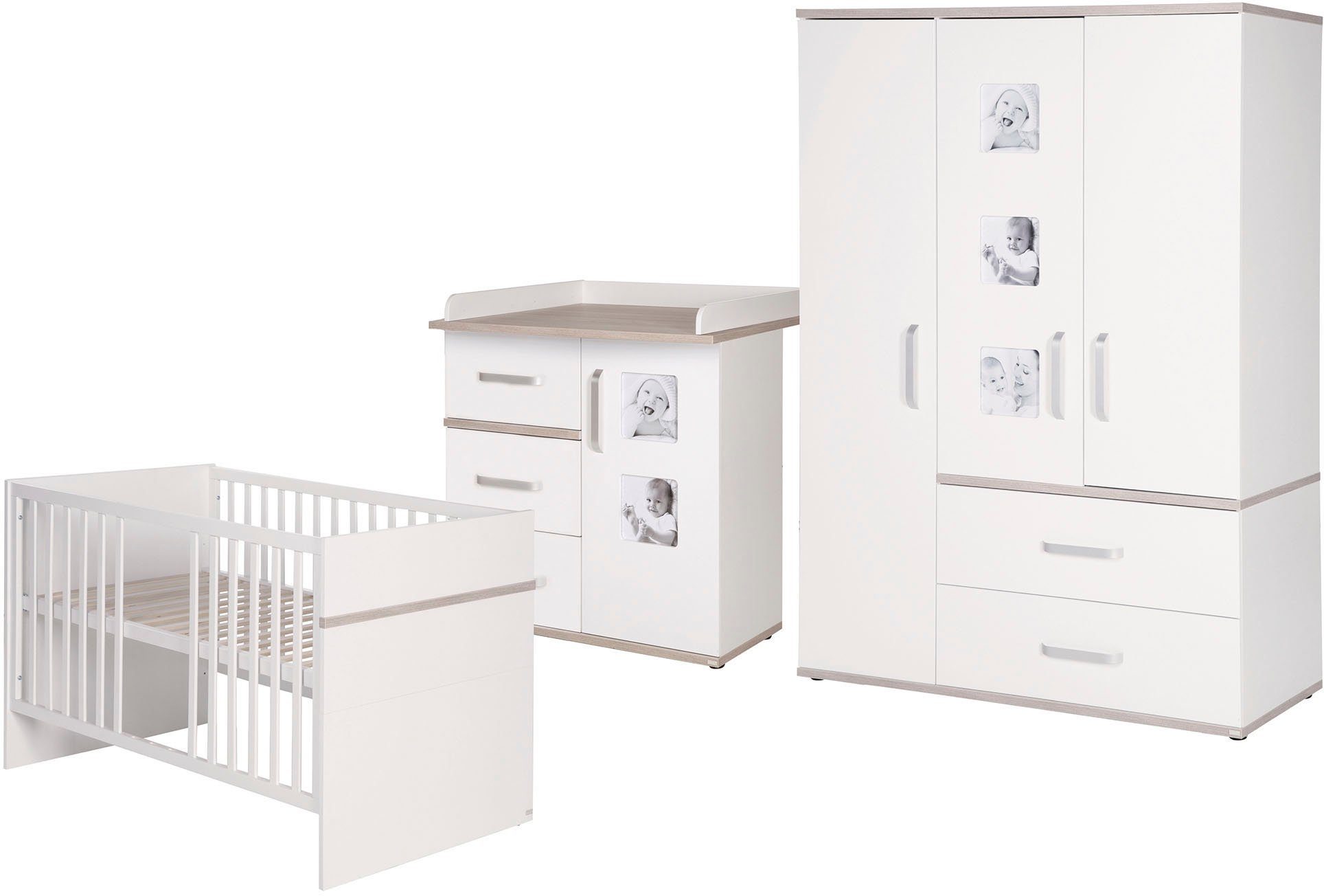 roba® Babyzimmer-Komplettset 3-St., Moritz, Schrank schmal; Wickelkommode; (Set, Kinderbett, Made Kleiderschrank), und Europe mit Wickelkommode, Kinderbett, in