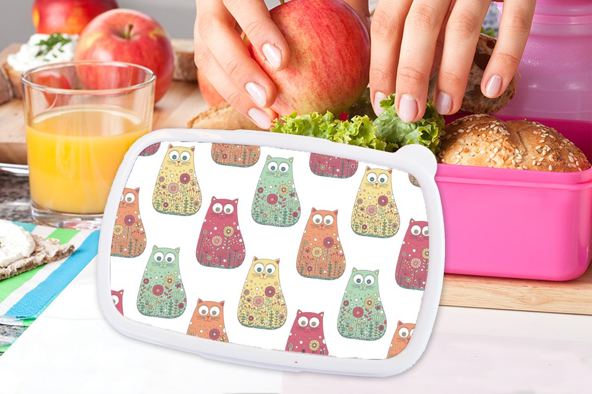 Mädchen - Brotdose Mädchen rosa Erwachsene, MuchoWow Snackbox, - Kinder (2-tlg), - - für Kunststoff, - Brotbox - Lunchbox Kunststoff Kinder, Muster Blumen Kinder, Katze Mädchen,