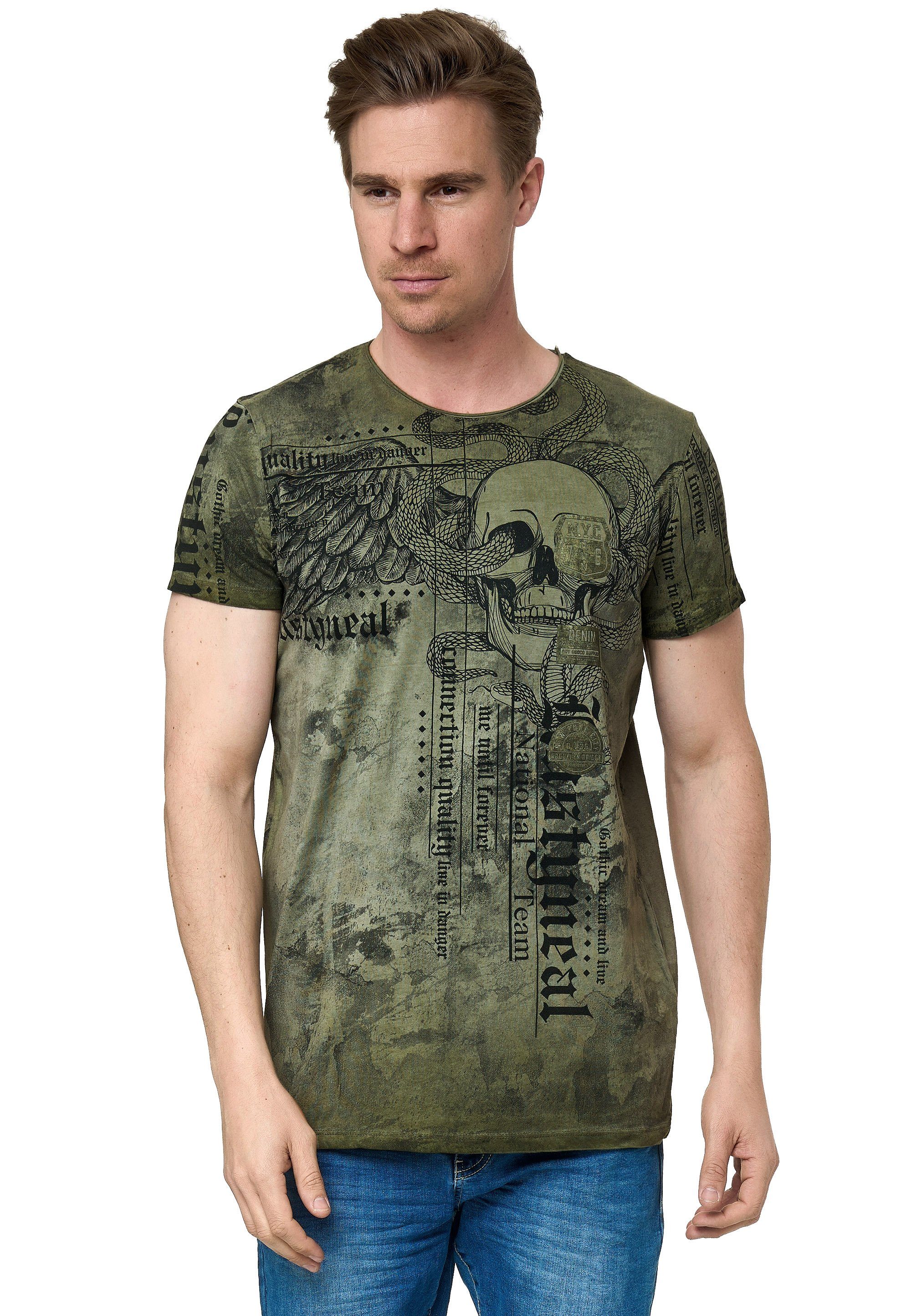 Rusty Neal T-Shirt mit coolem Allover-Print khaki