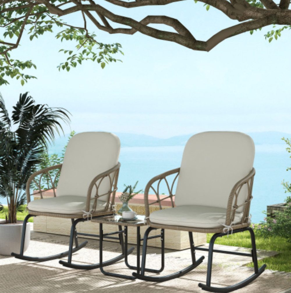 XDeer Schaukelstuhl 3-tlg Schaukelstuhl-Set mit 2 Schaukelstühlen & 1 Couchtisch, Gartenmöbel-Set mit Kissen für Terrasse & Balkon