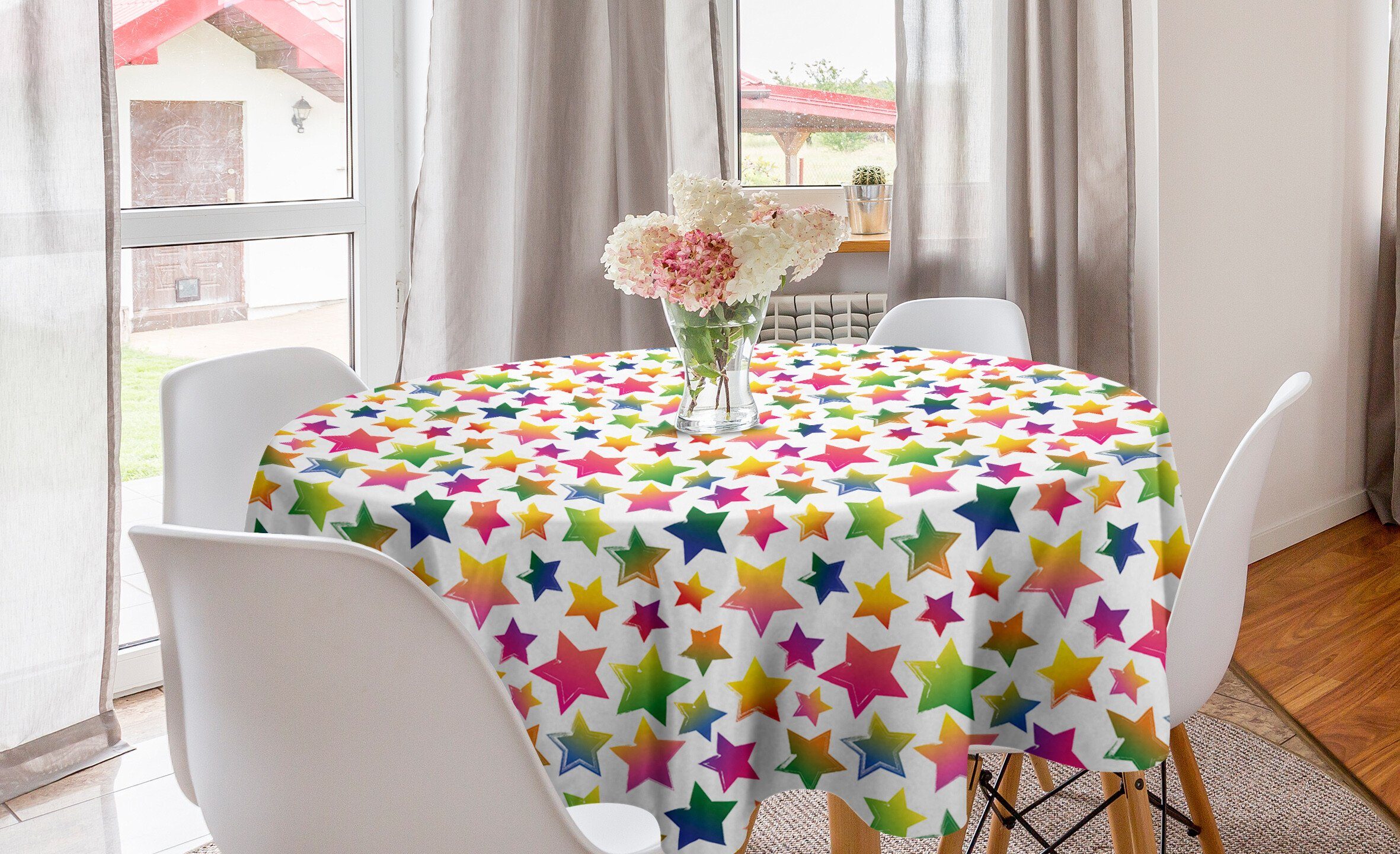 Sterne Tischdecke Esszimmer Shapes Küche Grunge für Dekoration, Abdeckung Tischdecke Abakuhaus Bunte Kreis
