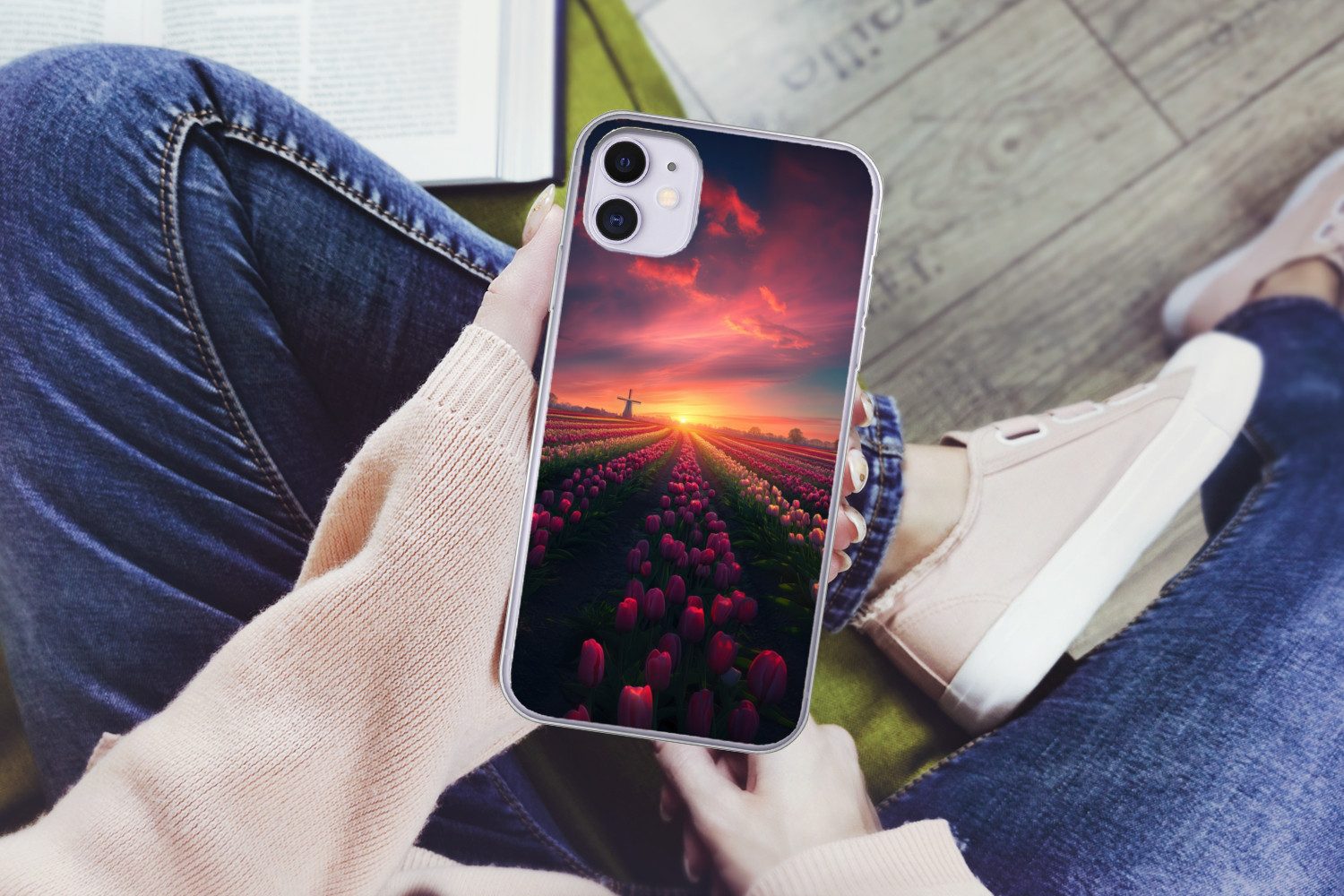 MuchoWow Handyhülle für Apple iPhone 11 Windmühle - Sonnenuntergang - Landschaft, Smartphone-Bumper, Print, Handy Schutzhülle Dünn