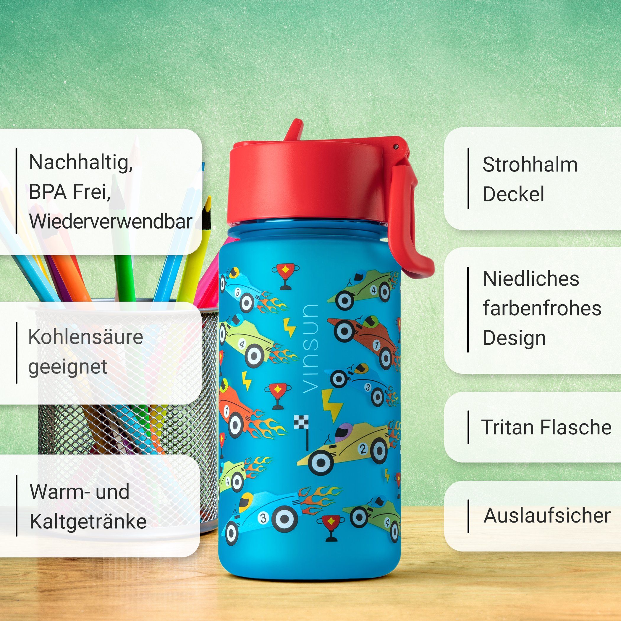 Geruchs- und Vinsun Geschmacksneutral auslaufsicher, bruchsicher, Trinkflasche Auslaufsicher Strohhalm - Blau - Trinkflasche BPA Kinder Kindergarten, 500ml mit frei,