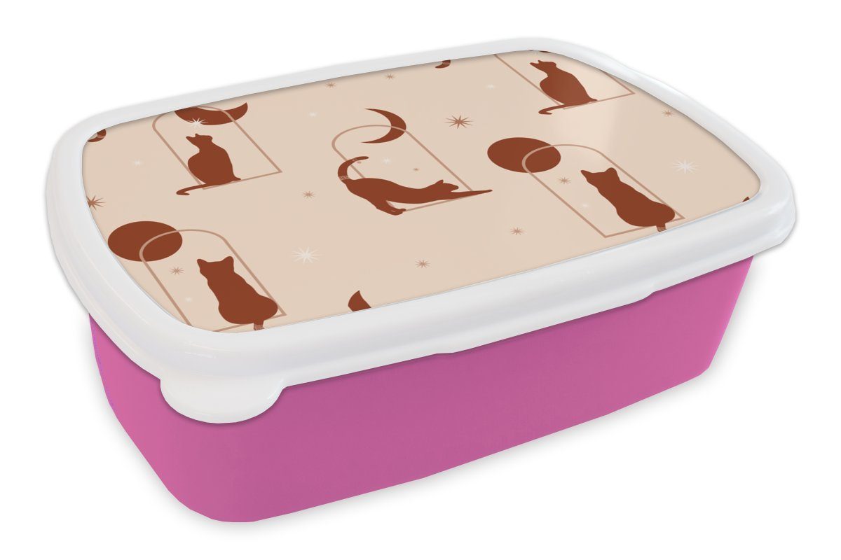 MuchoWow Lunchbox Katze - Sterne - Muster, Kunststoff, (2-tlg), Brotbox für Erwachsene, Brotdose Kinder, Snackbox, Mädchen, Kunststoff rosa