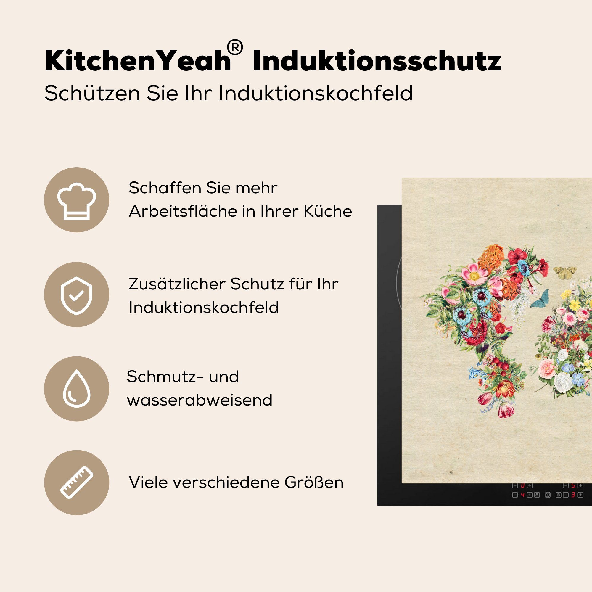 Weltkarte 78x78 - Papier, Herdblende-/Abdeckplatte Arbeitsplatte cm, (1 für küche tlg), Blumen Vinyl, - Schmetterling Ceranfeldabdeckung, Braunes - MuchoWow
