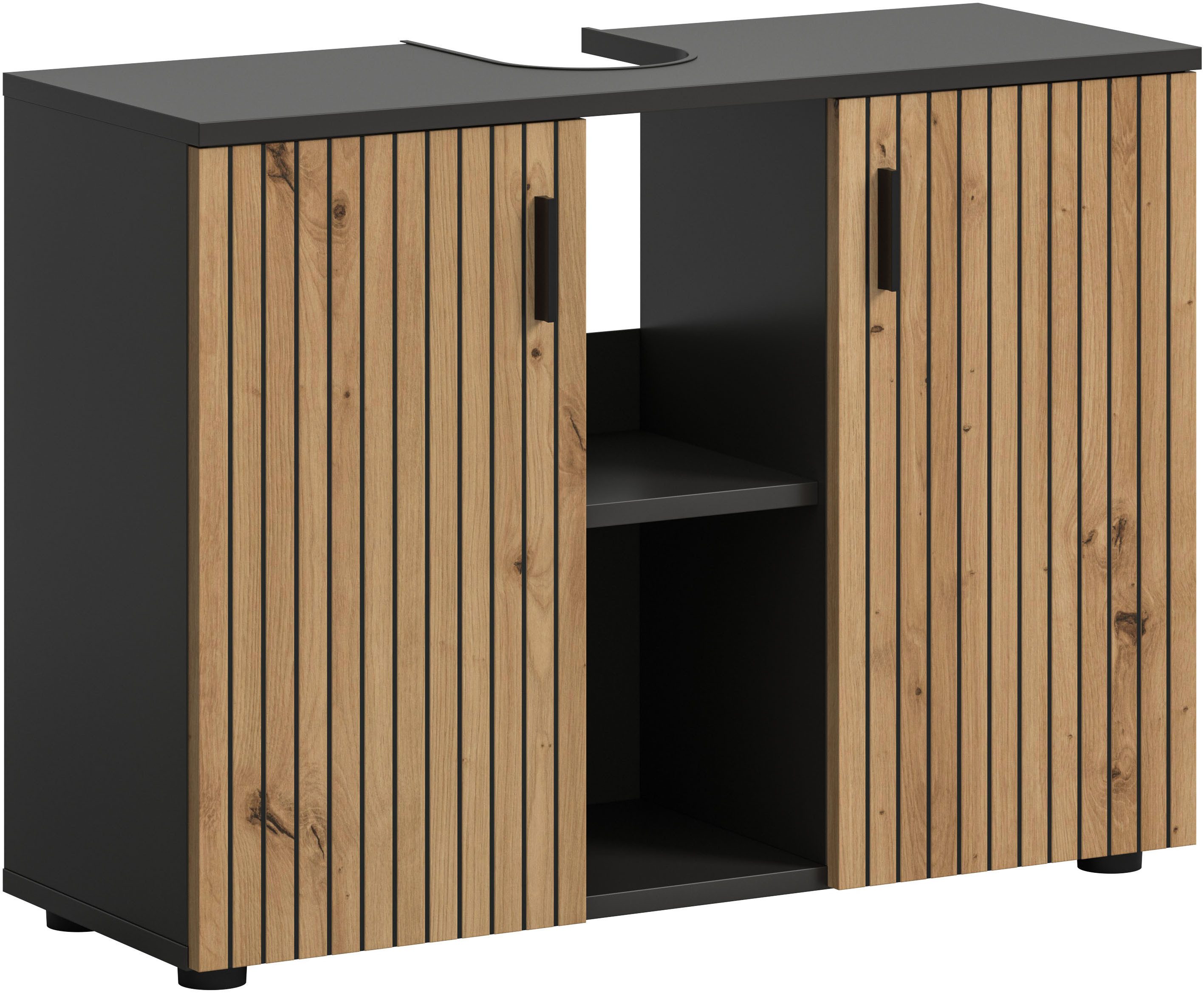 welltime Waschbeckenunterschrank MANI, Paneeloptik, 2 offene Fächer, Siphonausschnitt (1-St) WBU, Waschbeckenunterschrank, Unterschrank, Badschrank, Badezimmer