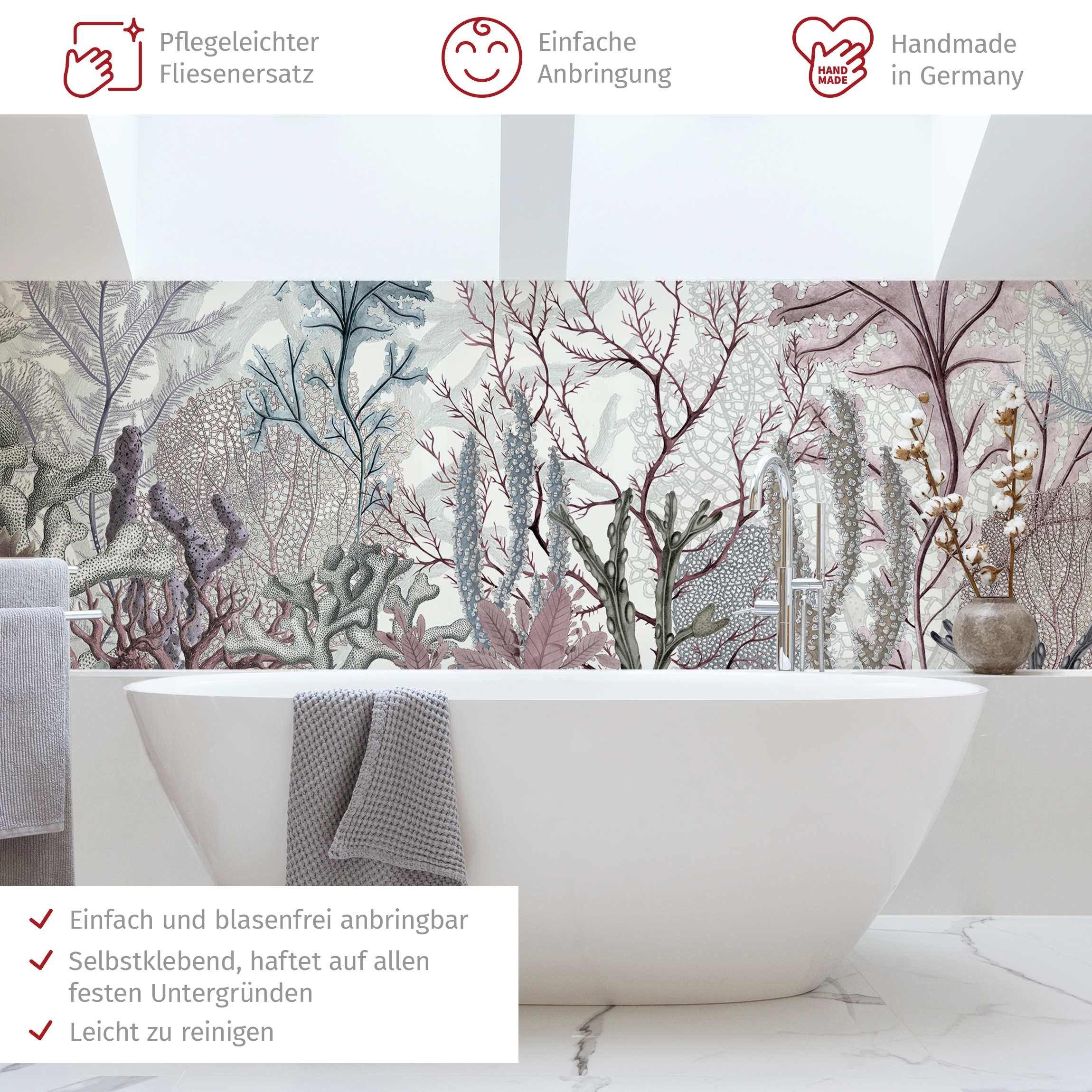 Bilderdepot24 Badrückwand violett fugenlose Wandverkleidung Bad modern, (Hartfolie matt » Selbstklebend SMART 0,35 mm), wasserfestes Wandpaneel Magische Korallenpracht