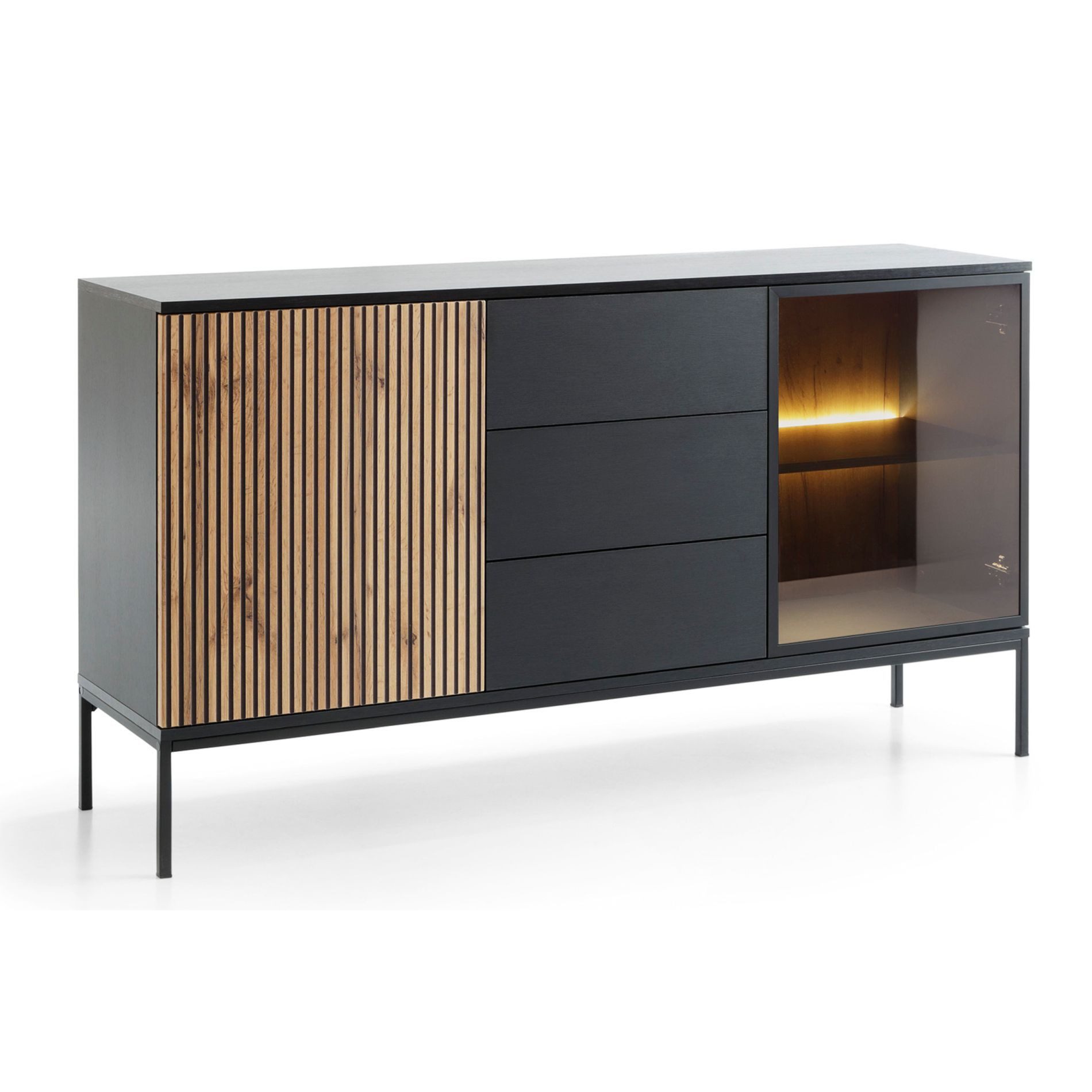 Selsey Sideboard TOSENA, Sideboard mit LED, Glastür & Metallfüßen Schwarz/E günstig online kaufen