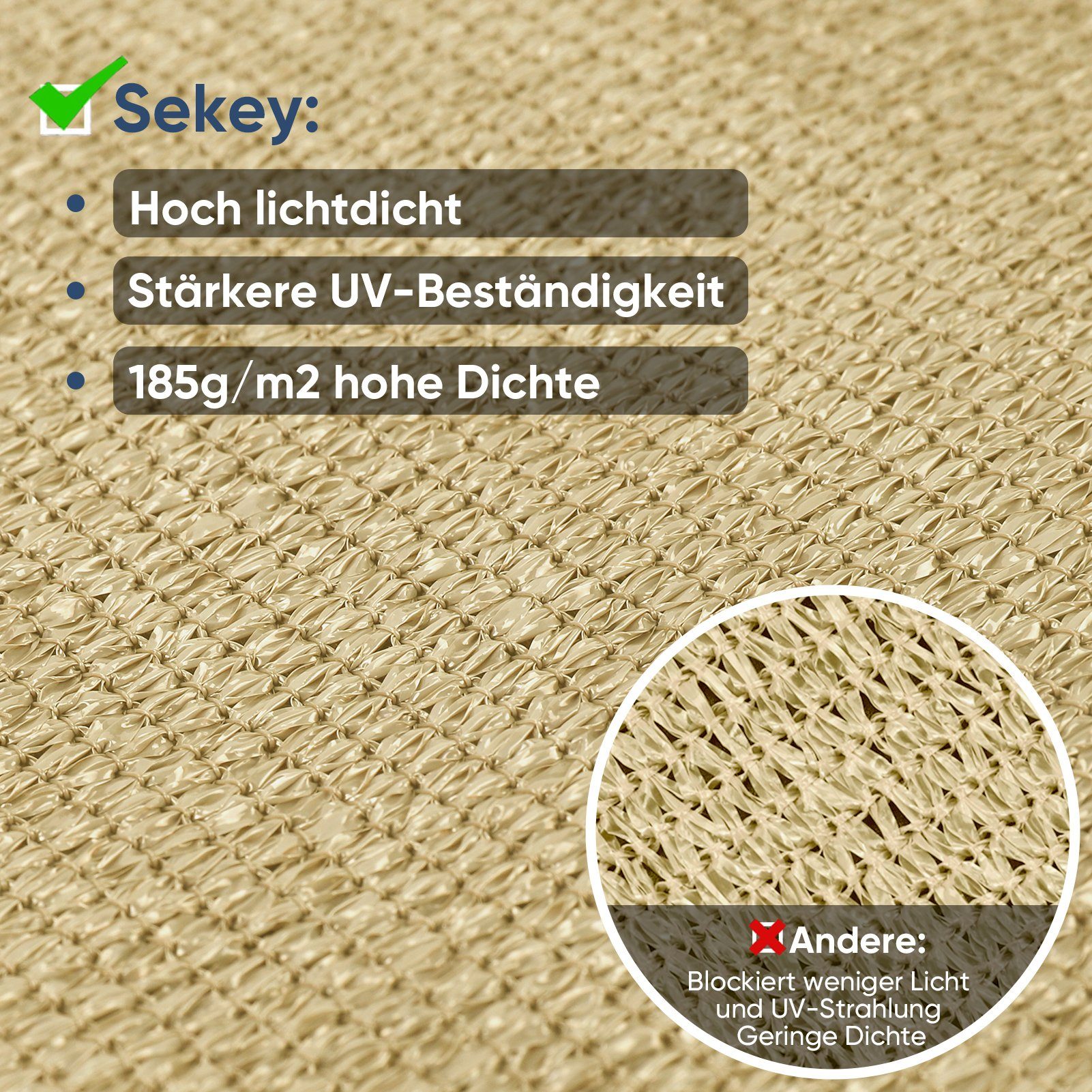 Lehmgelb Rechteck g/m² Sekey Sonnensegel Kit Sonnensegel Schattensegel 185 mit HDPE