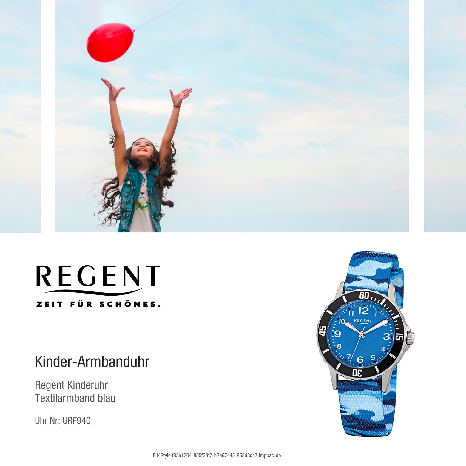 Regent Quarzuhr rund, Kinder-Armbanduhr (ca. 29mm), Textil, Regent Armbanduhr Stoffarmband Kinder F-940, klein Analog blau