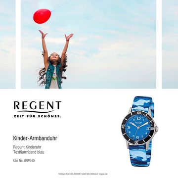 Regent Quarzuhr Regent Kinder-Armbanduhr blau Analog F-940, Kinder Armbanduhr rund, klein (ca. 29mm), Textil, Stoffarmband
