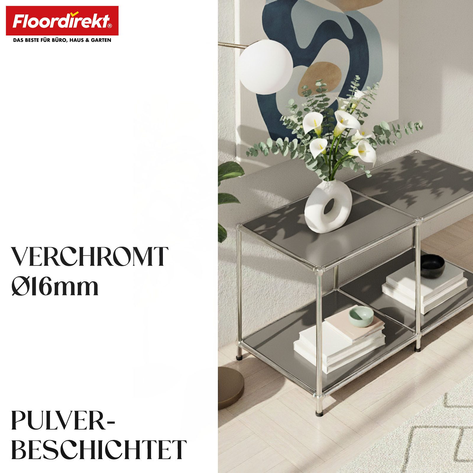 Floordirekt Lowboard Concept Epure MK-016 Sideboard & Ablageregal, B78 × T40 × H46 cm (modular, kratzfeste Pulverbeschichtung), Regal mit offenen Ablagen, verchromtes Metallgestell, Couchtisch