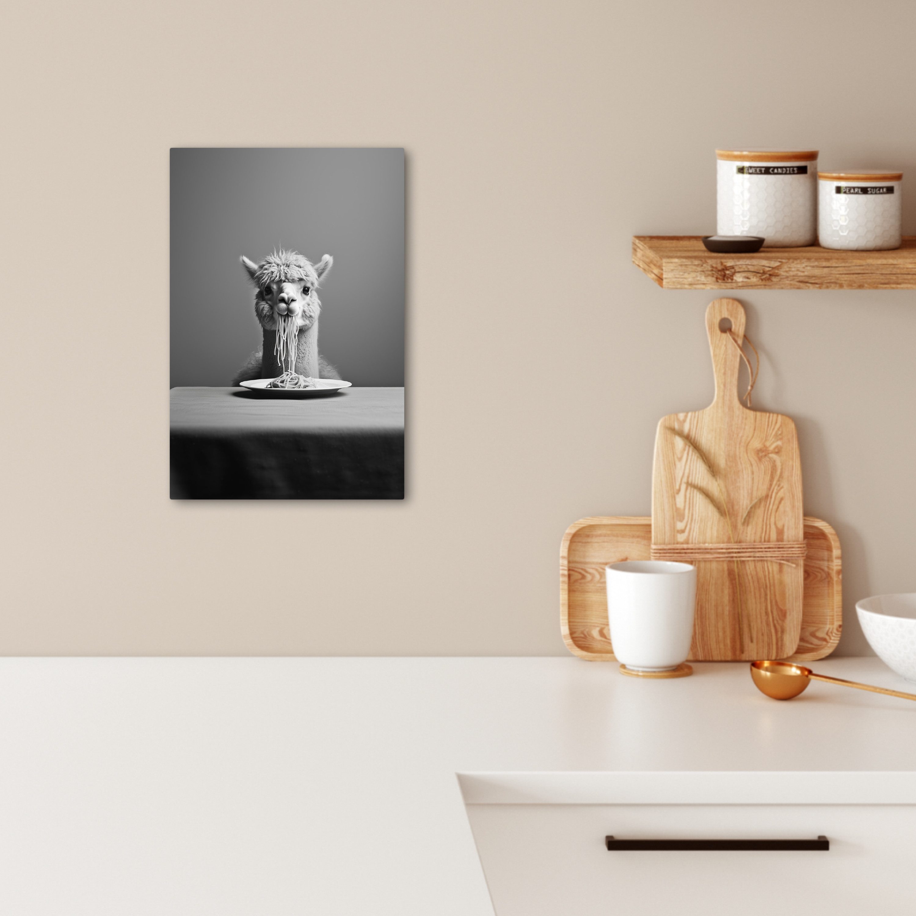 OneMillionCanvasses® Leinwandbild Alpaka - Nudeln - Schwarz - Weiß - Lustig günstig online kaufen