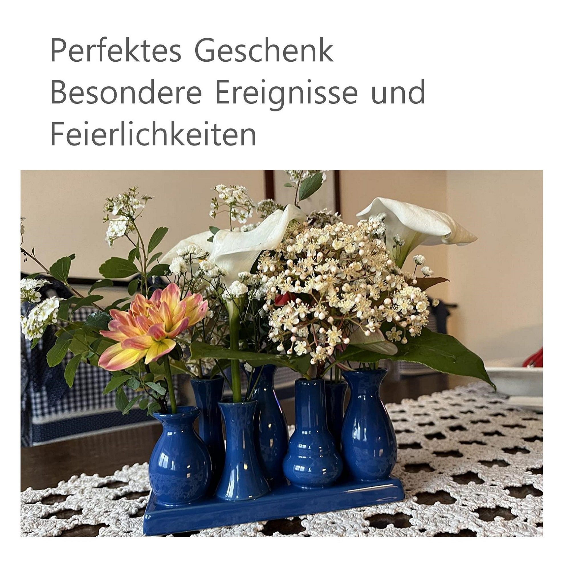 blau), Deko Vasen auf kleine Set einem Keramik Handgefertigte verbunden (7 auf Tablett Jinfa Dekovase Blumenvasen
