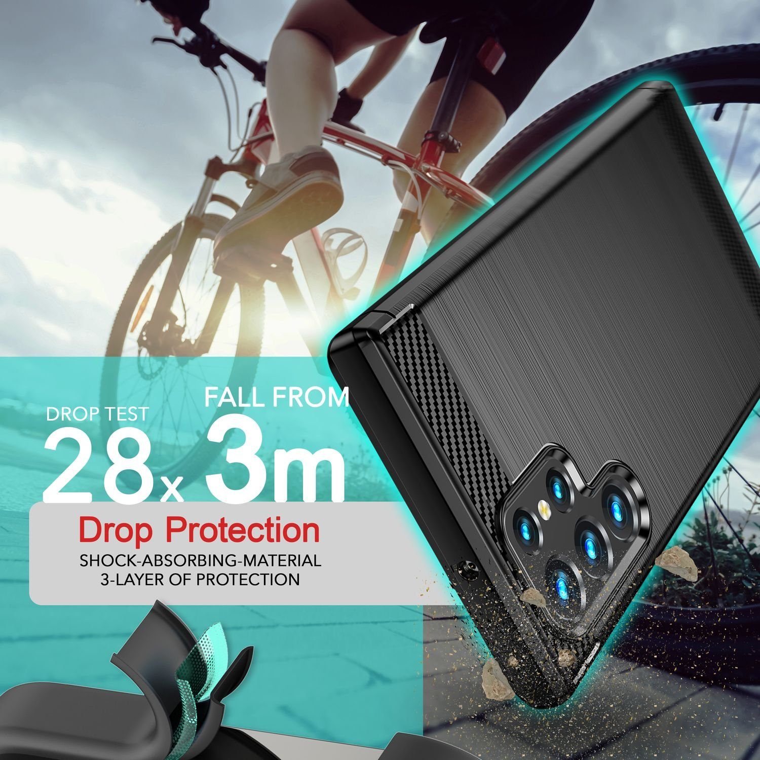 Nalia Smartphone-Hülle Samsung Galaxy S24 Ultra, Carbon Style Silikon Hülle / Matt Schwarz / Elegantes Business Cover