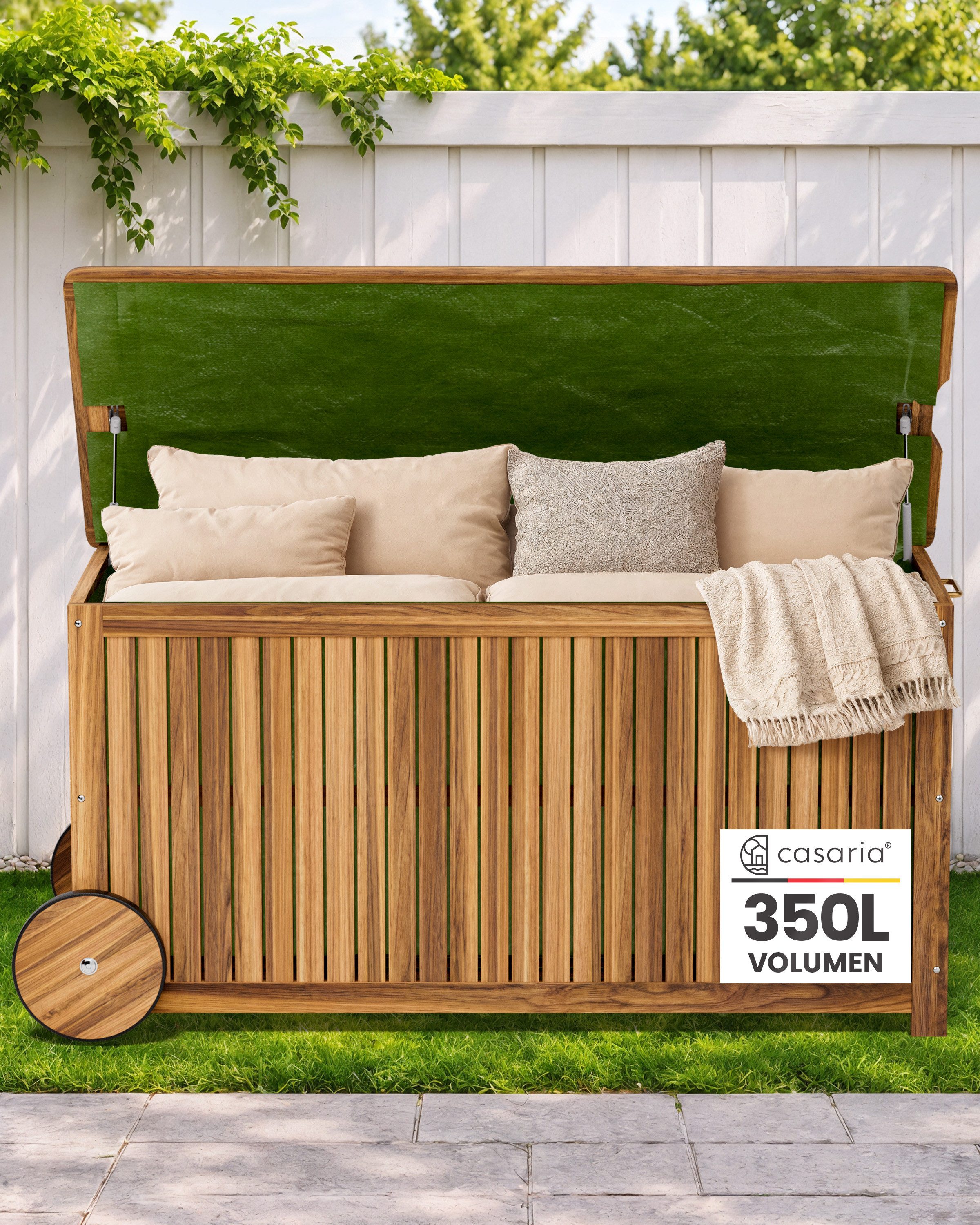 Casaria Auflagenbox, Holz 350L Deckel 160kg belastbar Räder Griff Innenplane Garten Akazie
