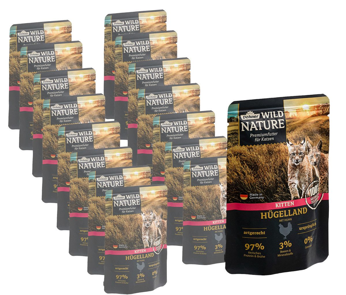 Dehner Wild Nature Hügelland Kitten Huhn, 16 x 85 g Beutel Huhn, Nassfutter für: Katze, Nassfutter für junge Katzen, getreidefrei / zuckerfrei