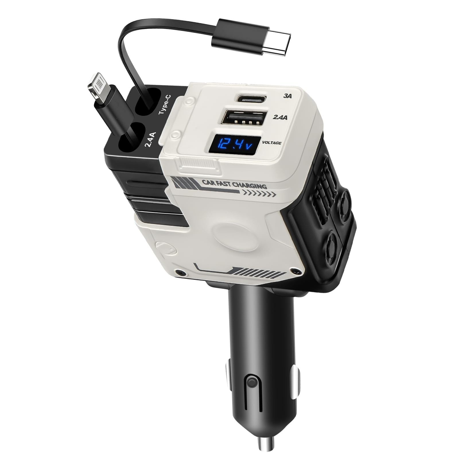 Rhein Beleuchtung Zigarettenanzünder-Verteiler 4 in 1 Auto Ladegerät – 66W USB Zigarettenanzünder mit Spiralkabel (Kompatibel mit 12–24 V Fahrzeugen – praktisches Auto Zubehör), Mit Schnellladung, Spannungsanzeige & 180° schwenkbarem Kopf