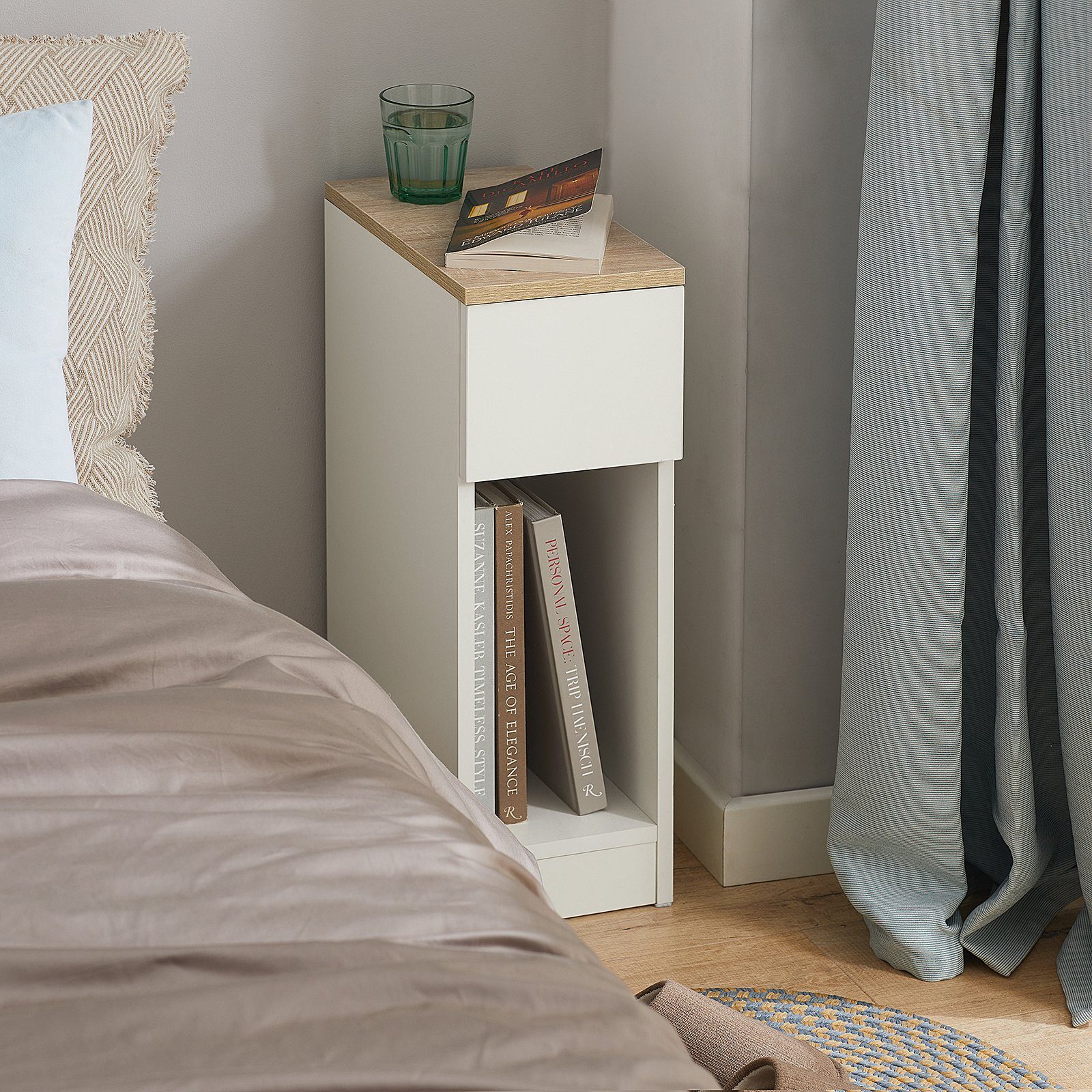 SoBuy Nachttisch FBT111, Beistelltisch mit Schublade und Ablage, Nightstand, 2er Set, Beistelltisch schmal, Nachtschrank Nachtkommode, offenes Fach
