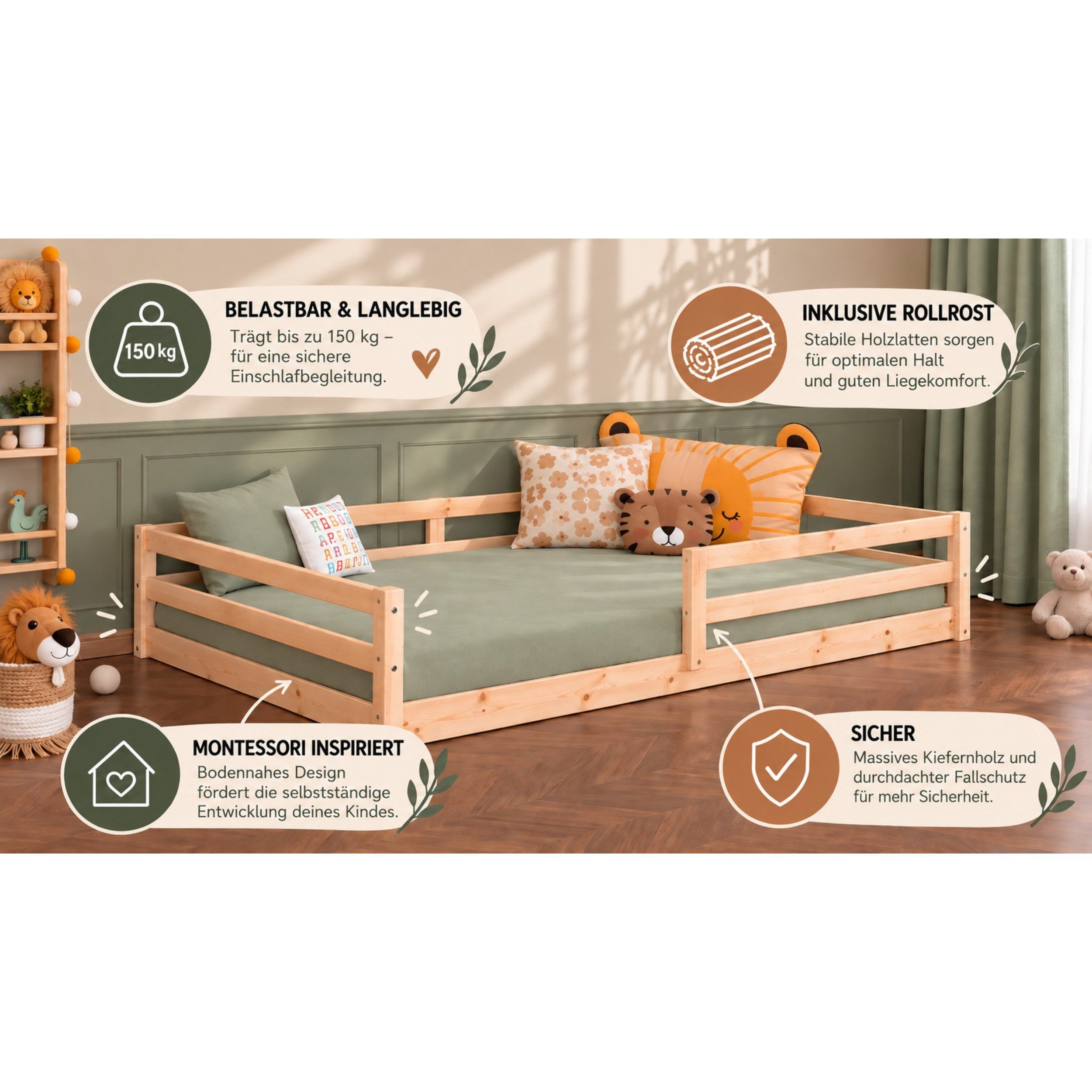 Ticaa Kinderbett Neo Hausbett Bodenbett mit Rausfallschutz 150kg (140x200 aus Kiefer Massivholz), inkl. stabilem Roll-Lattenrost, Natur – Bild 3 von 5