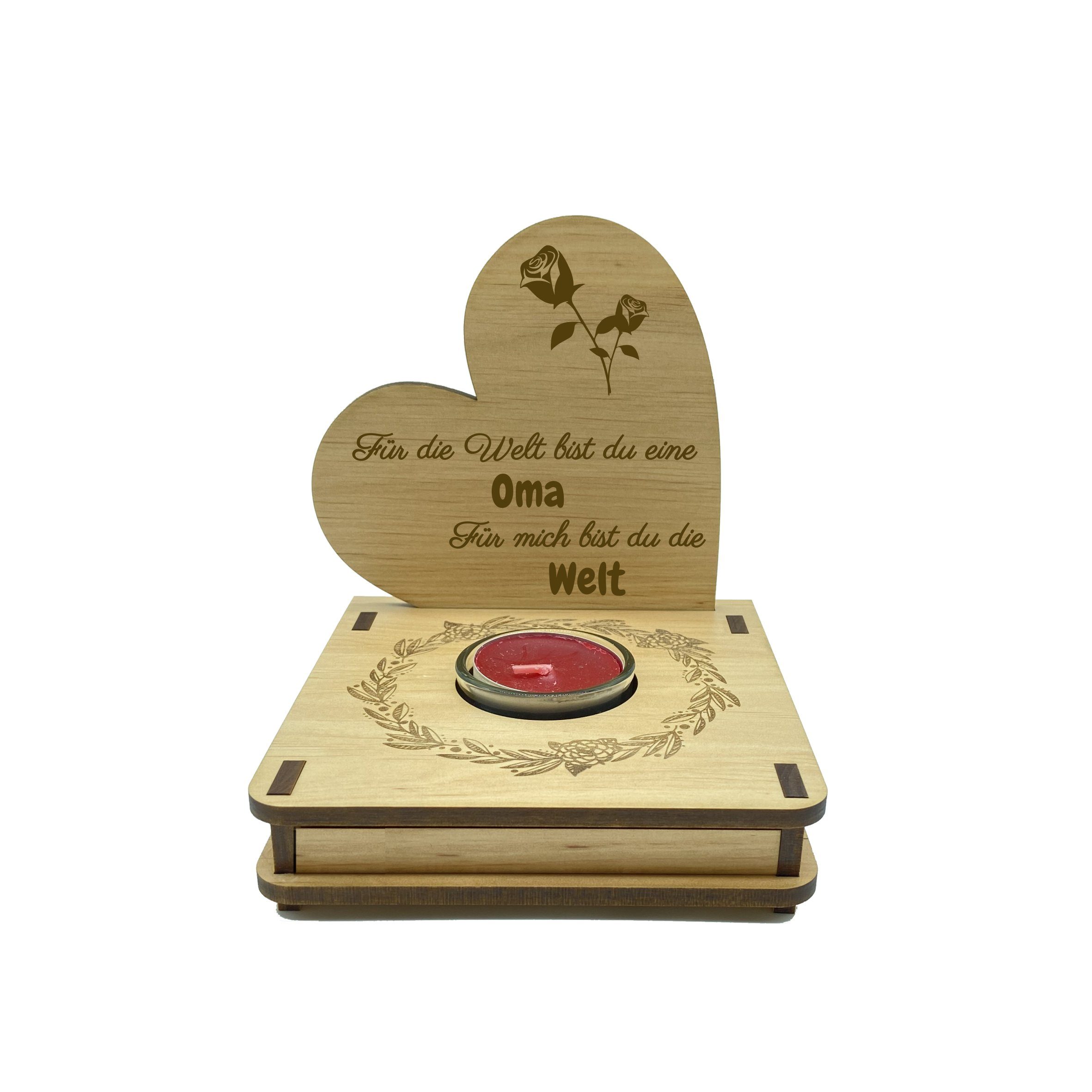 KS Laserdesign Teelichthalter Kerzenhalter mit Gravur '' beste Oma der Welt " Geschenke (Set, inkl. Geschenkverpackung & Teelicht), aus Erle Holz