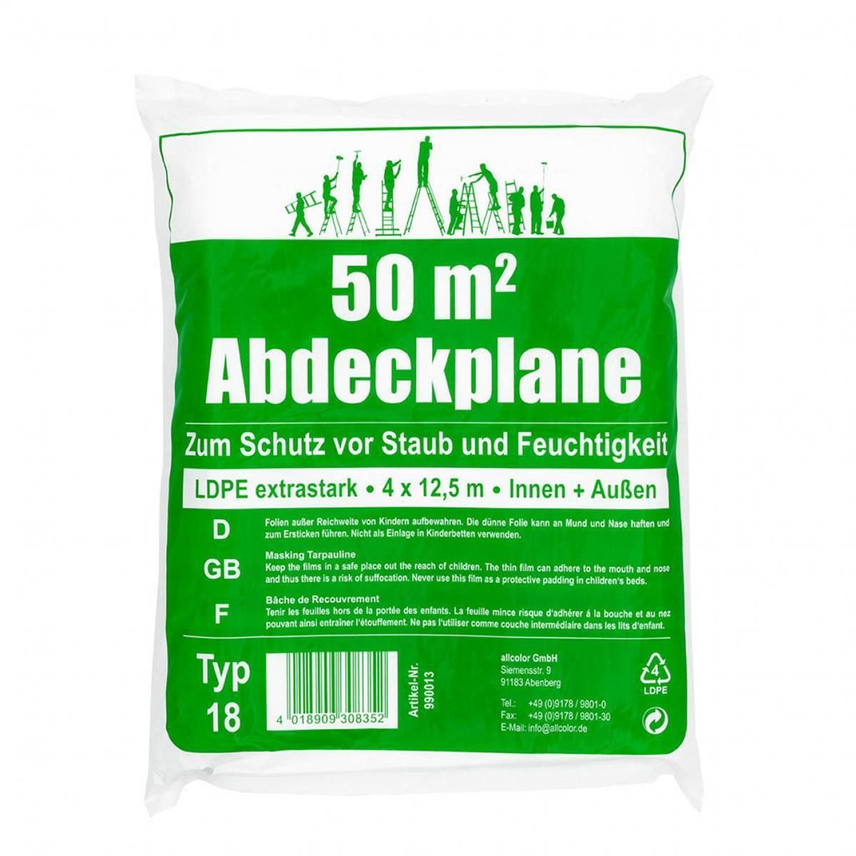 Allcolor Abdeckfolie LDPE-Maler-Abdeckplane 4 x 12,5m Typ 18, keine Montage, (Stück, 1-St., Abdeckfolie), Leichtplane Leichtfolie Allzweckplane Allzweckfolie Baufolie