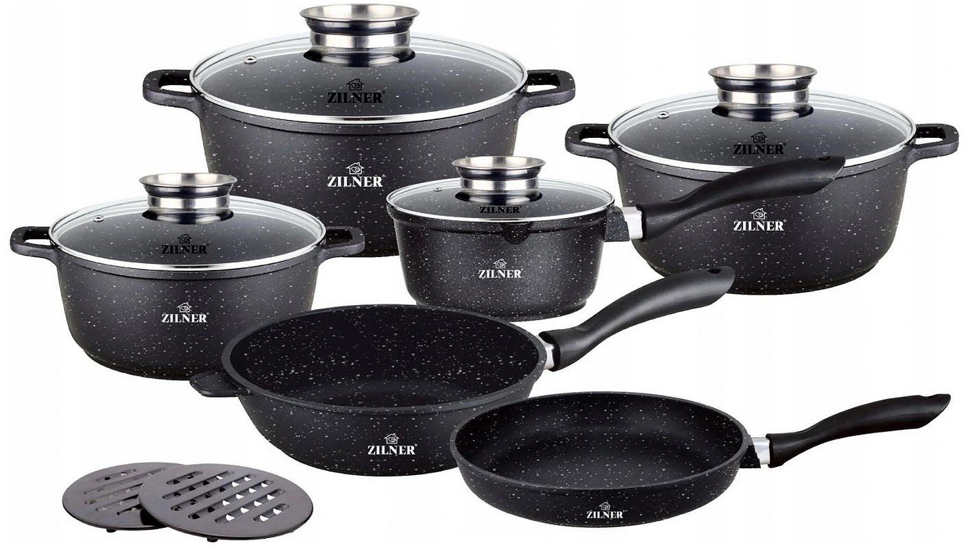 Zilner Topf-Set Schwarze Töpfe in verschiedenen Größen mit Pfannen Kasserolle, Aluminiumguss, Aluminium, Keramik, Edelstahl (Passt in jede Küche! 1.3L / 2.3L / 3.4L / 4.5L / 6.8L, 12-tlg., Es ist eine perfekte Geschenkidee für jeden Anlass), Innovative Aroma Knob-Griffe