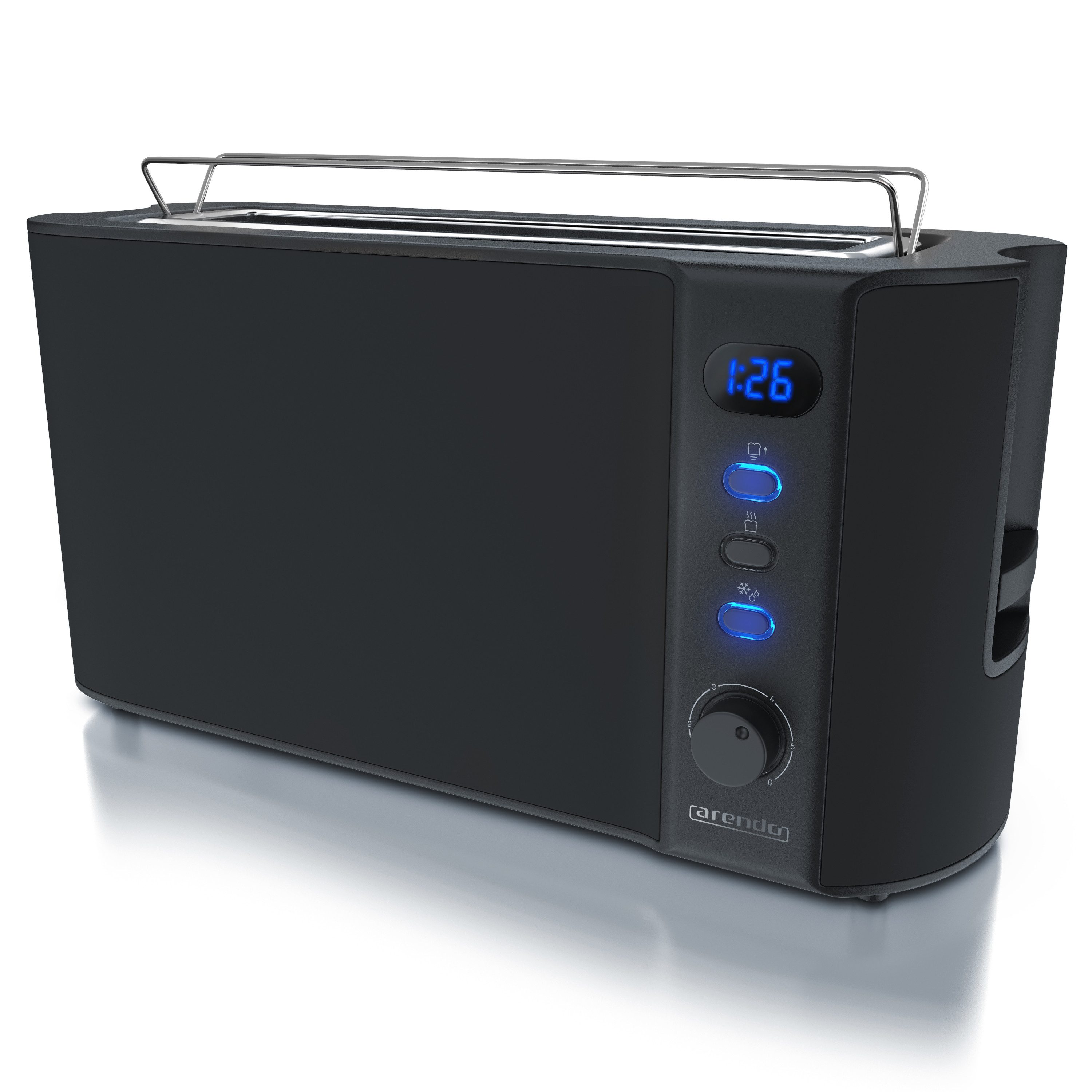 Arendo Toaster Edelstahl, Langschlitz, Brötchenaufsatz, Display mit Restzeitanzeige, 1 langer Schlitz, für 2 Scheiben, 1000 W, Wärmeisolierendes Gehäuse, Krümelschublade, Defrost Funktion
