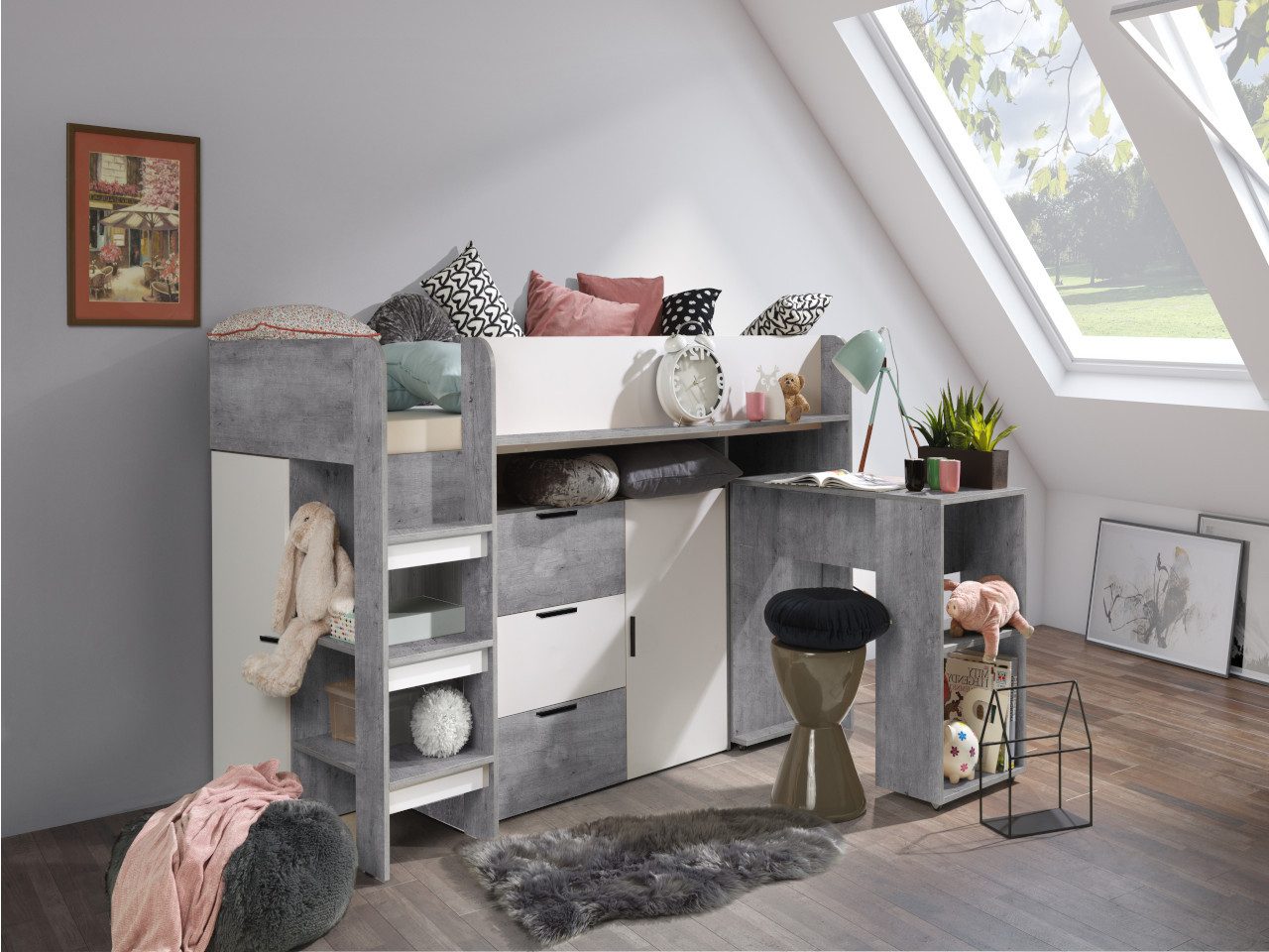 ABIKS MÖBEL Hochbett KONKRET 1 Etagenbett für Jugendliche mit Schreibtisch, Kleiderschrank