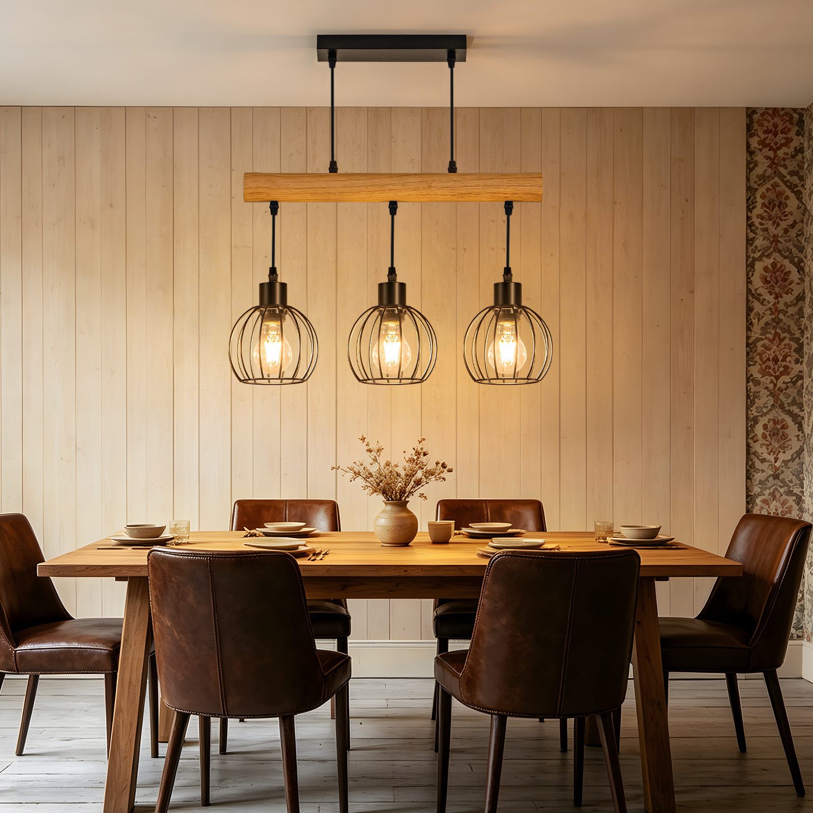 Nettlife Pendelleuchte Vintage 3/4 flammig schwarz Hängelampe aus Holz im Industrial Design, ohne Leuchtmittel, Retro Hängeleuchte für Esstisch Küche Wohnzimmer Bar Eisen