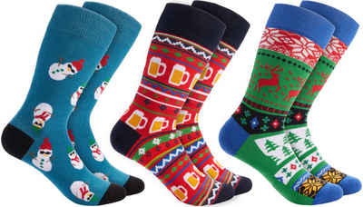 BRUBAKER Socken Weihnachtssocken - Lustige Socken für Damen und Herren (3-Paar, Unisex Baumwollsocken) Bunt, Schneemänner und Xmas Bier