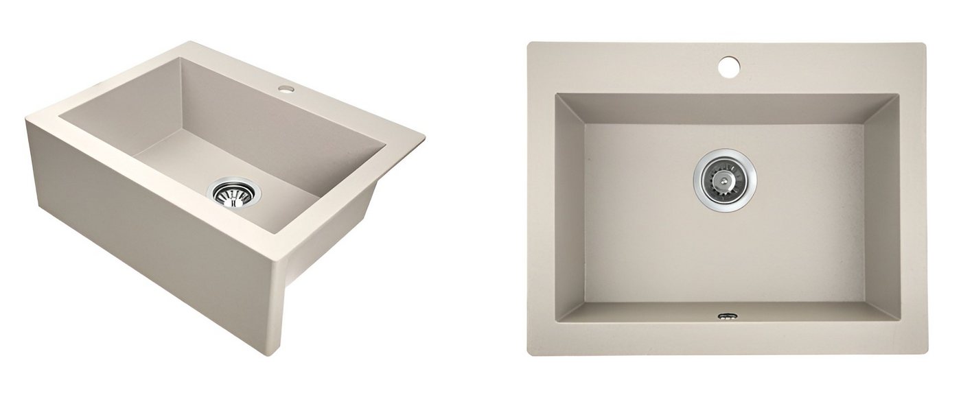 Thumbnail - KOLMAN Küchenspüle Einzelbecken Komodo Granitspüle, Rechteckig, 49/58 cm, Beige, Space Saving Siphon GRATIS