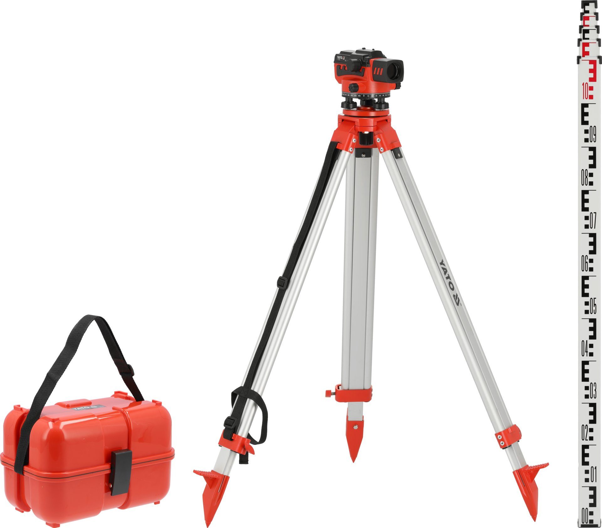 Yato Nivelliergerät Optisches Nivelliergerät 32x, Bereich 100m inkl. Stativ + Messlatte, (Nivelliergerät)