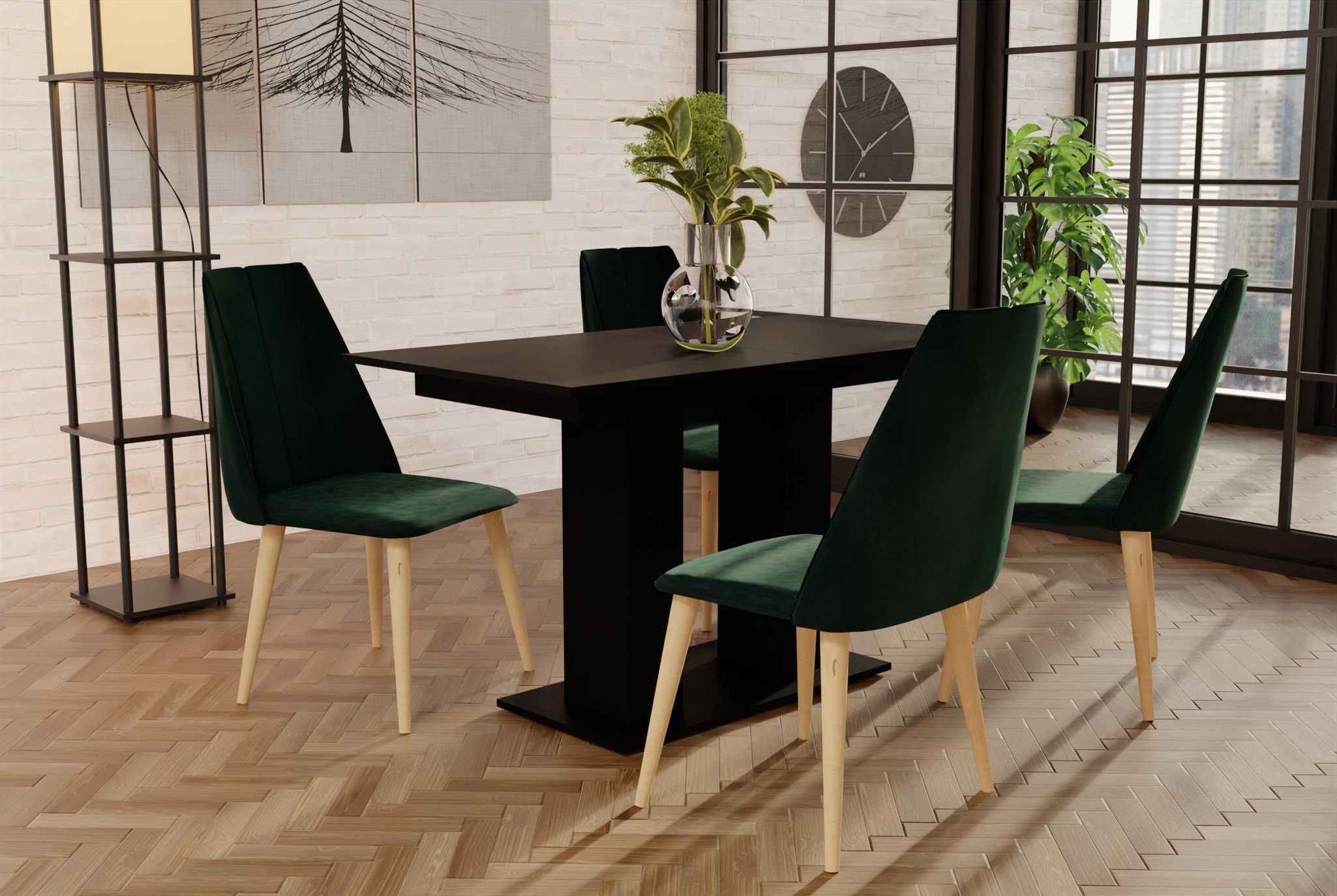 Fun Möbel Essgruppe Essgruppe CAROS mit 4 Stühlen und Tisch DANTE Schwarz matt, (5-tlg), ausziehbarer Tisch Grün