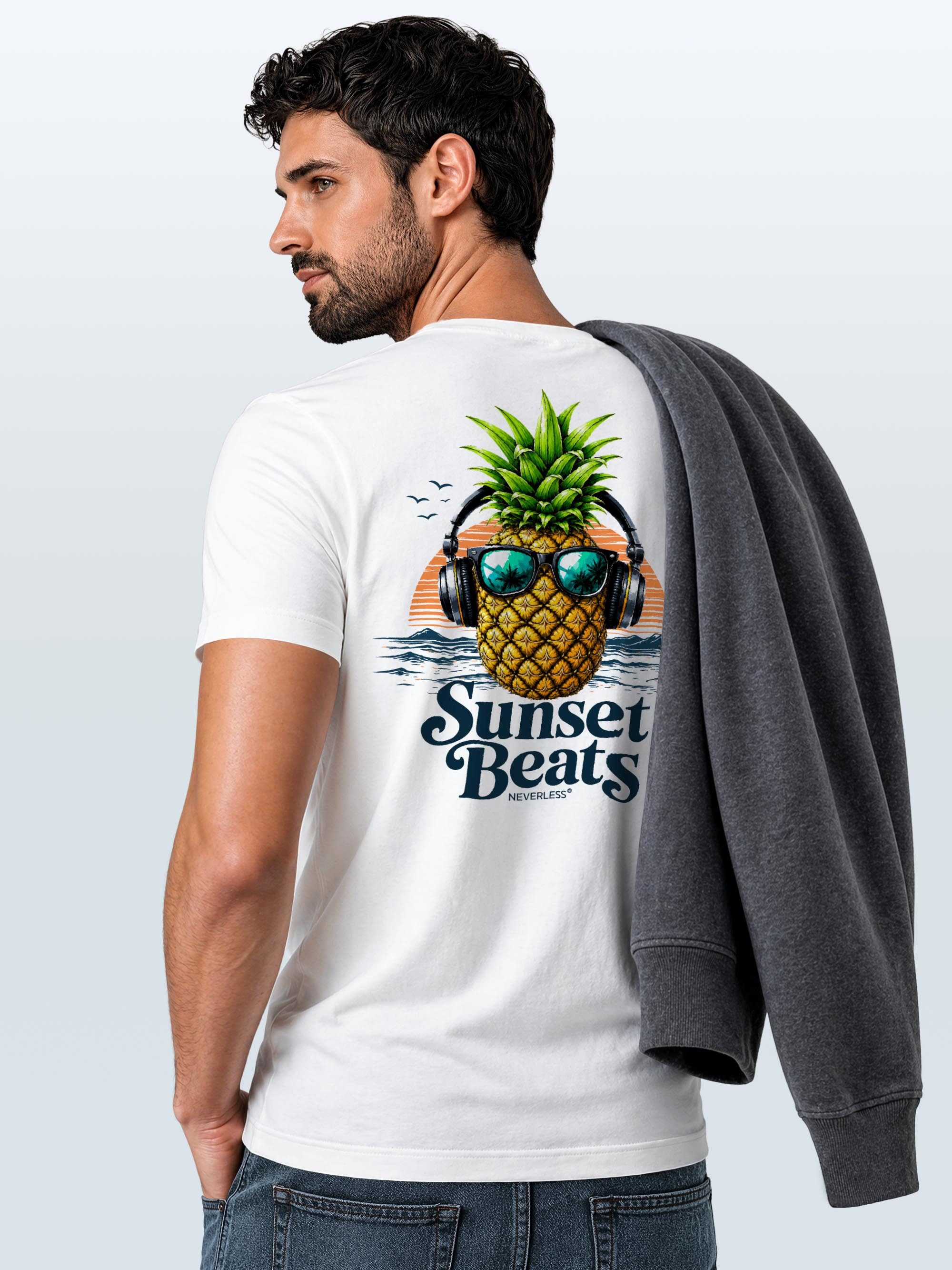 Neverless Print-Shirt Herren T-Shirt Backprint - Ananas Design Sunset Beats - Baumwollshirt mit Print – Bild 5 von 5
